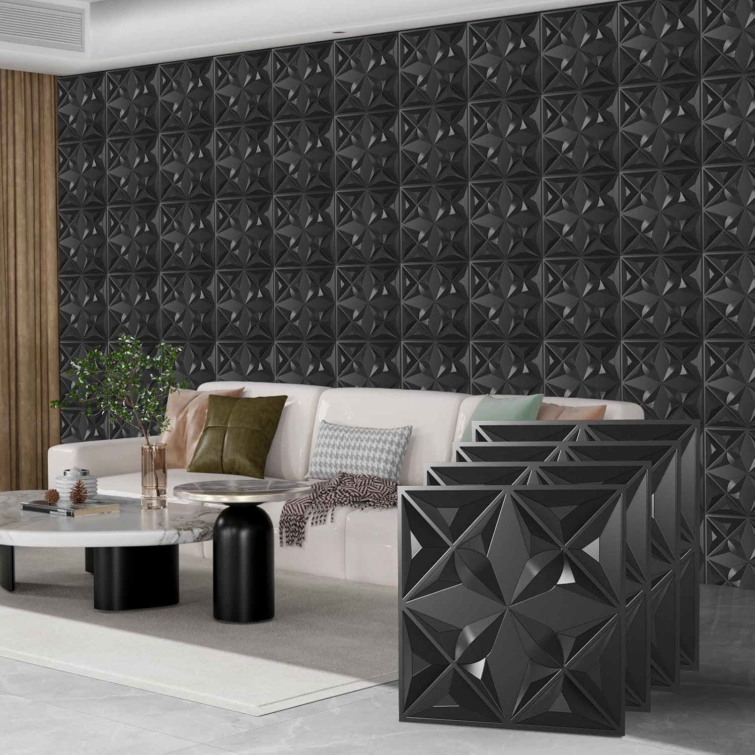 Boomin 52sqft 3D Wall Panels Diamond for Wall Decor, PVC Flower Textured Wall Panels for Living Room Lobby Bedroom Hotel Office Black,54 pc, 12"*12"