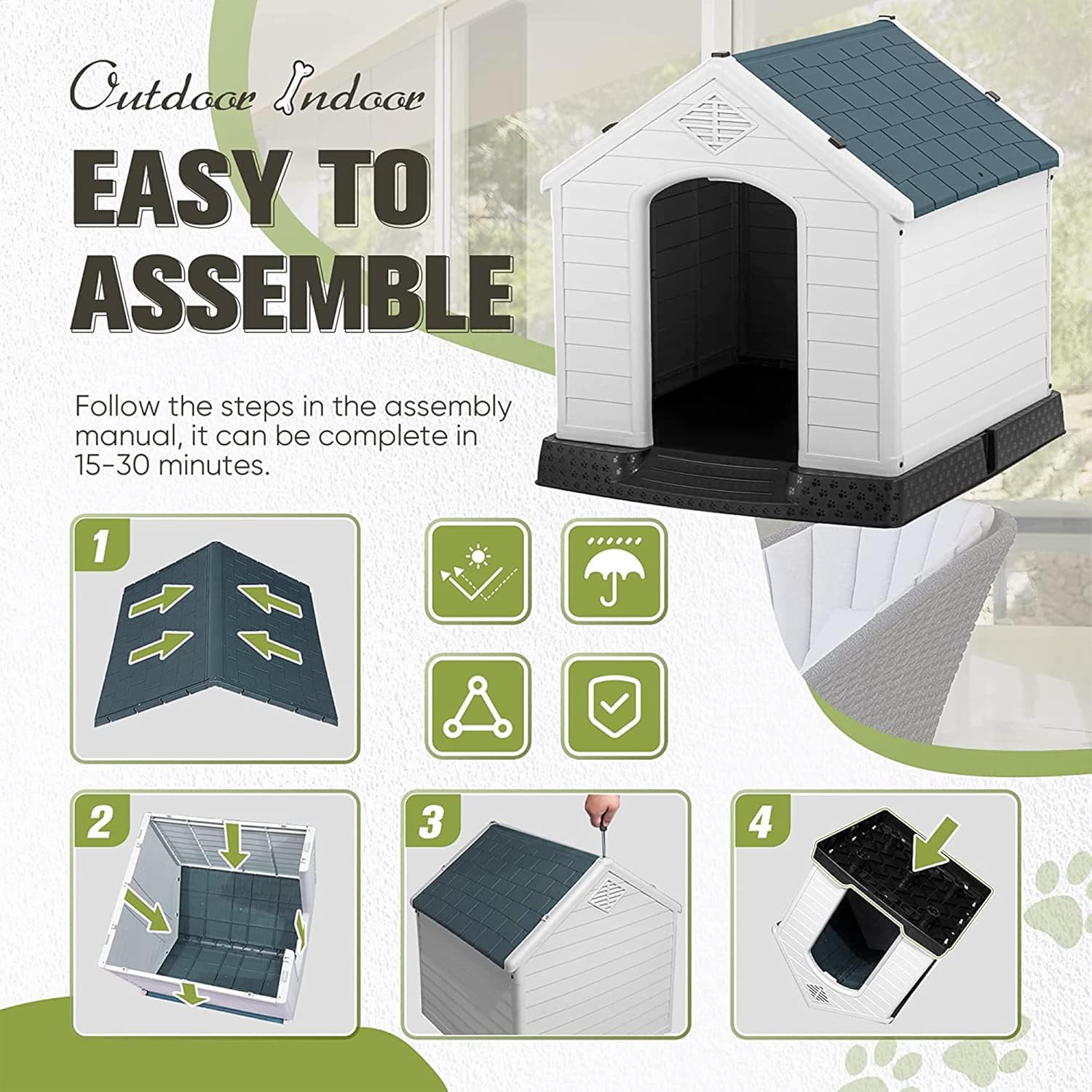 Outdoor Dog House Plastic Waterproof Doghouse for Small Medium Large Dogs Outside Dog Kennel with Air Vents and Elevated Floor (34.5" D x 31" W x 32.5" H, Gray) : Pet Supplies