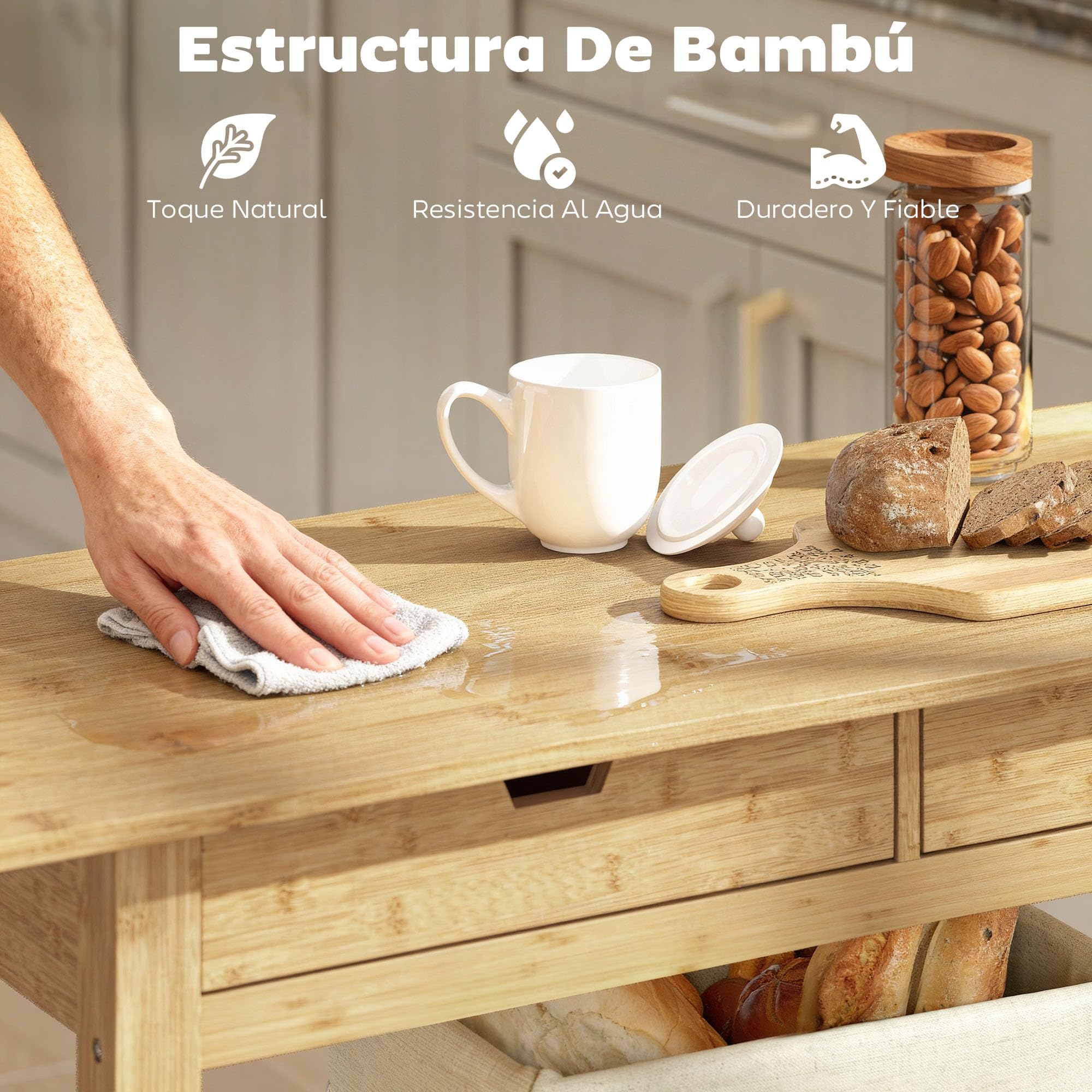 HOMCOM Carrito Auxiliar con Ruedas de Bambú, Carro de Servicio con 2 Cajones, 2 Estantes de Listones, 2 Ruedas, Carrito para Cocina, Restaurante, 100x43x75 cm, Natural