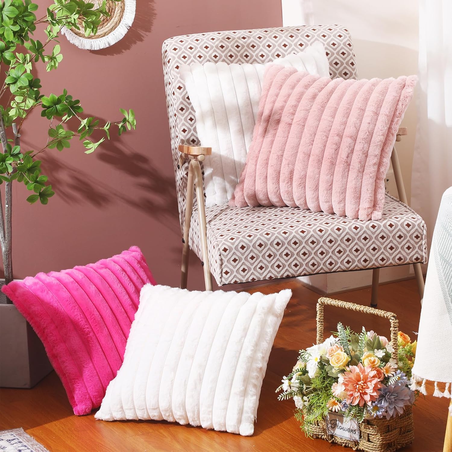 Peryiter Set of 6 Hot Pink Throw Pillow Cover, White and Blush Pink Pillowcase Gift 18 x 18 Inch Faux Fur Plush Couch Pillowcase Soft Velvet Cozy Fluffy Striped Pillow Case for Sofa Bed Home Spa Decor
