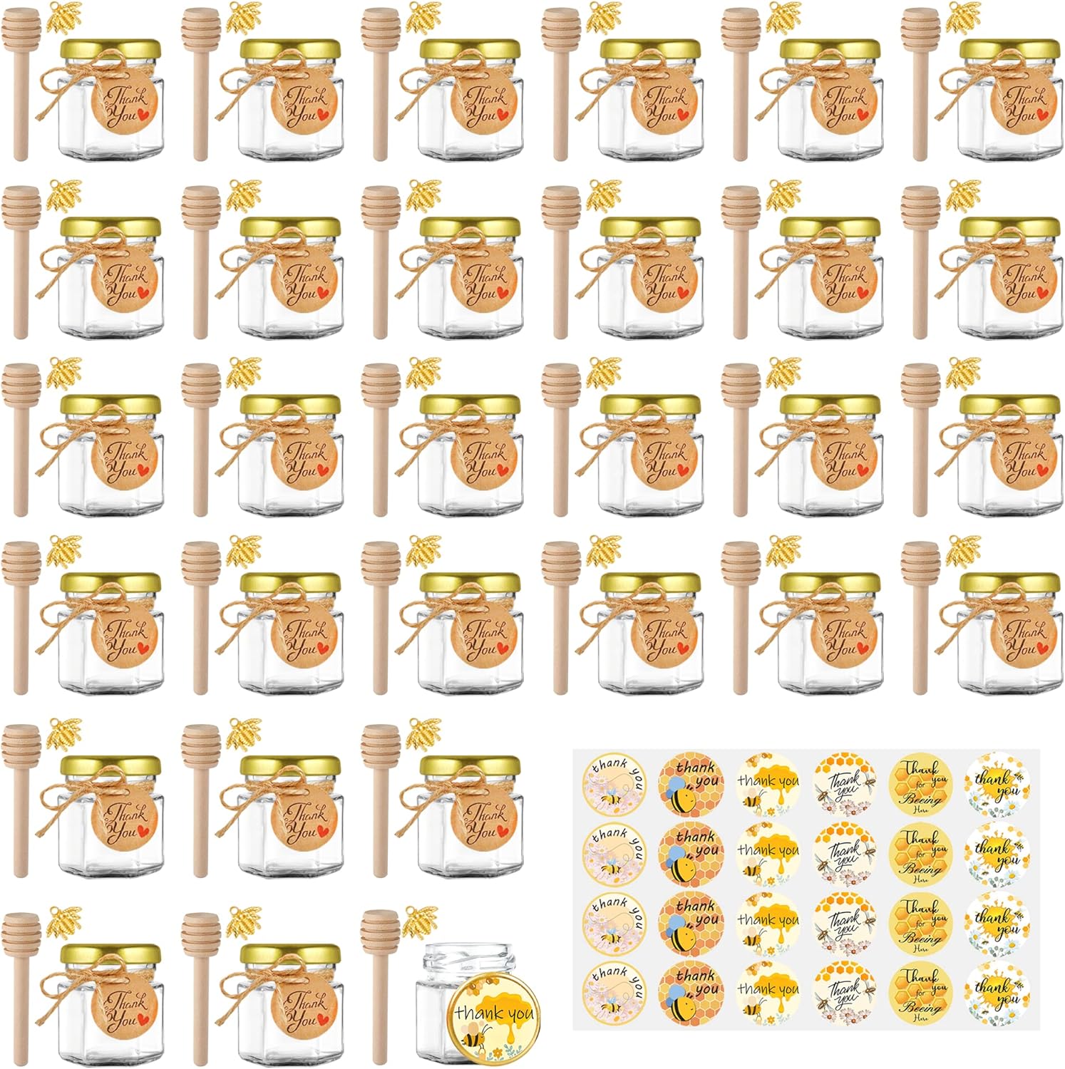 50Pack Hexagon Mini Glass Honey Jars with Wood Dipper Gold Lid Bee Pendants Rope