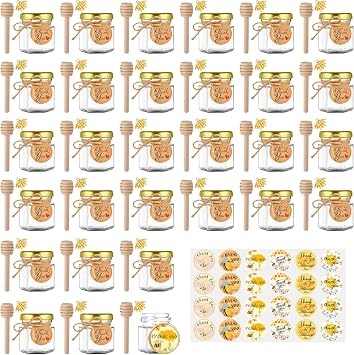 Mini Glass Honey jars-1.5 oz, 30 pcs Hexagon Honey Jars with Wooden Dipper, Gold Lid, Bee Pendant, Rope Bulk Mini Honey Jars with Dipper, Perfect for Baby Shower, Wedding Favors, Party Favors