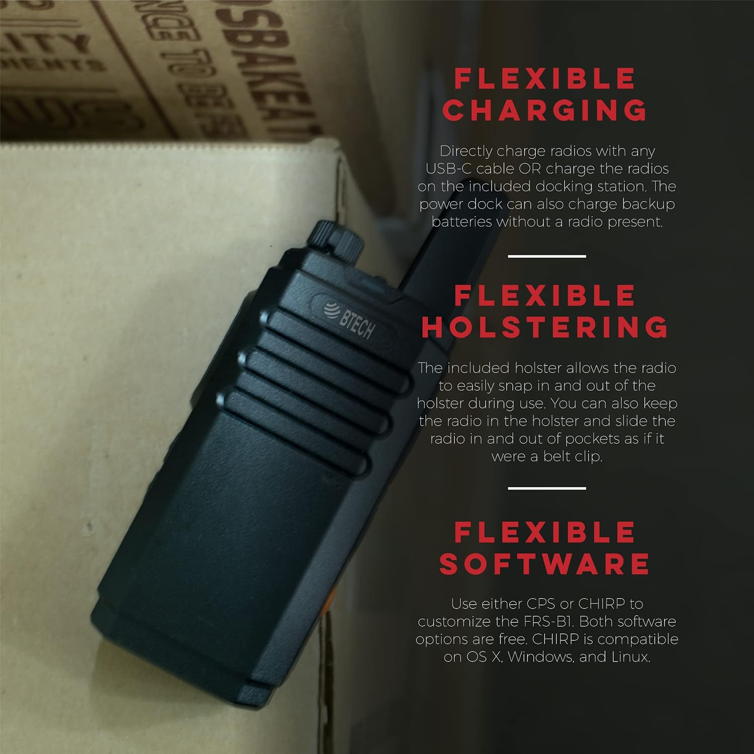 BTECH FRS-B1 2 Pack FRS Business, Adult Walkie Talkies, NOAA, High Output Two-Way Radio. Full Kit with Earpiece Kit, Holsters, Desktop Charger, Built in Flashlight, NOAA, and More