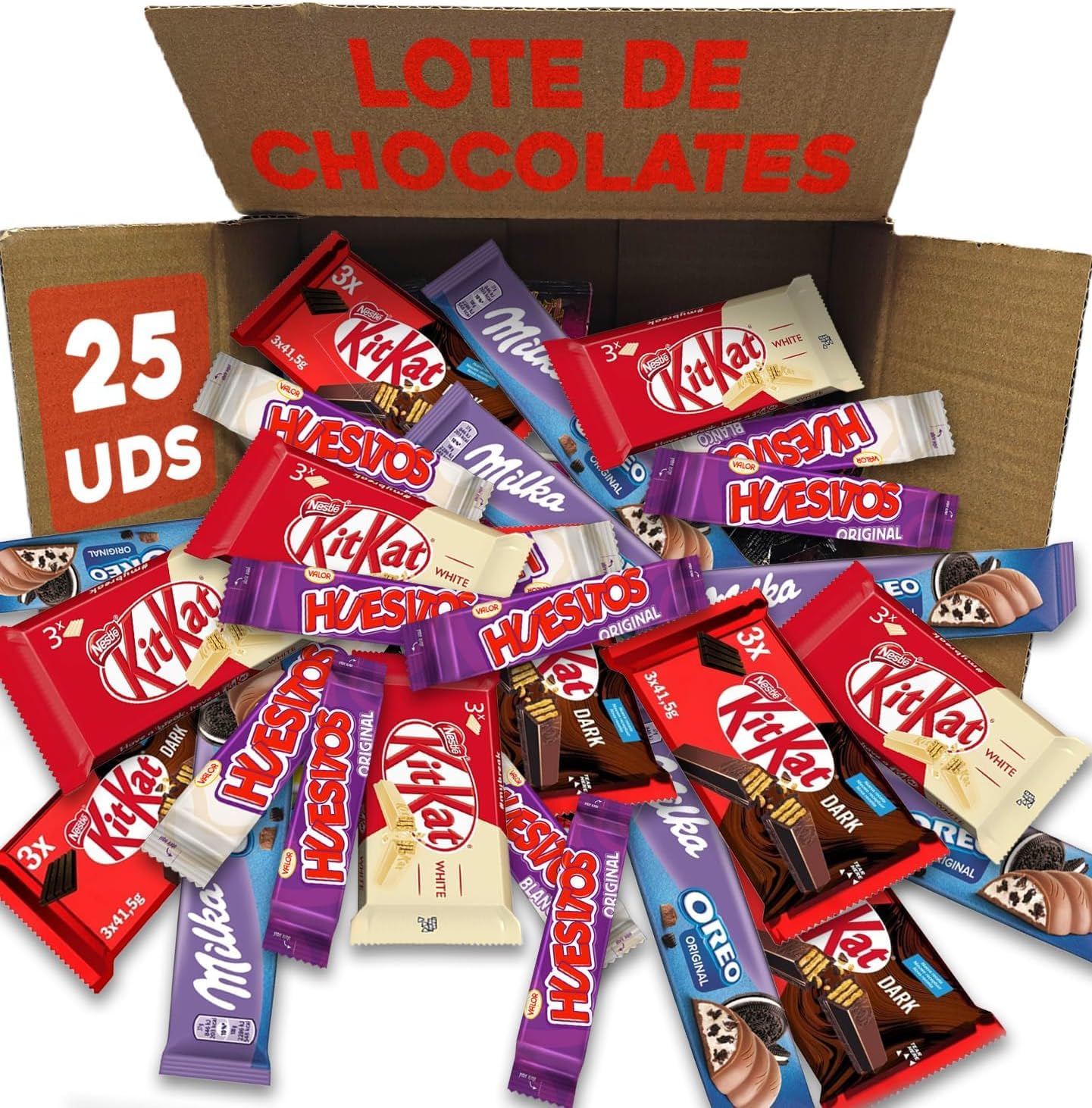 Lote Regalo Original Chocolatinas - Pack Surtido Chocolate Variado IAMI - KitKat Choco KitKat Blanco - Huesitos Choco - Huesitos Blanco - Milka Oreo - Regalo Dulce - Primeras marcas