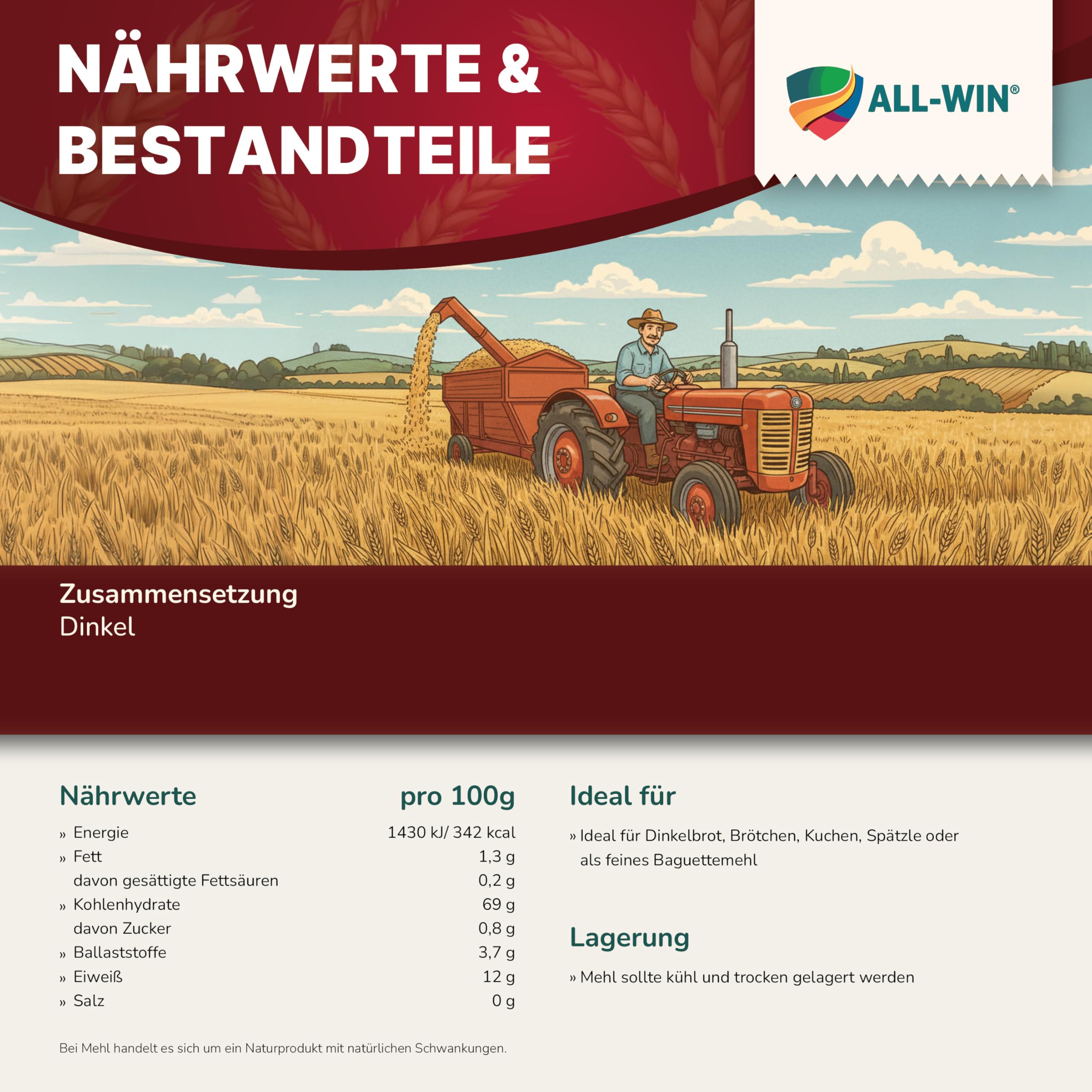 ALL-WIN Dinkelmehl Type 630 – Regionales Albkorn von der Schwäbischen Alb – Ideal für Brot, Brötchen, Kuchen & Spätzle (25 kg)