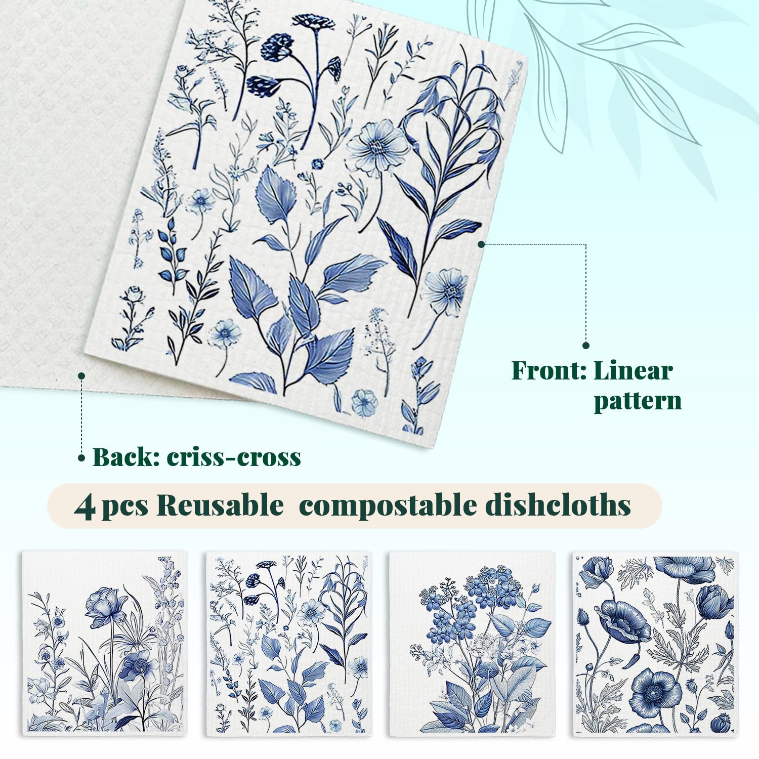 Paños de cocina suecos de flores de primavera para cocina, paños de limpieza suecos azules para flores, toallas de papel reutilizables de papaya, paquete de 4 paños de cocina para cocina,