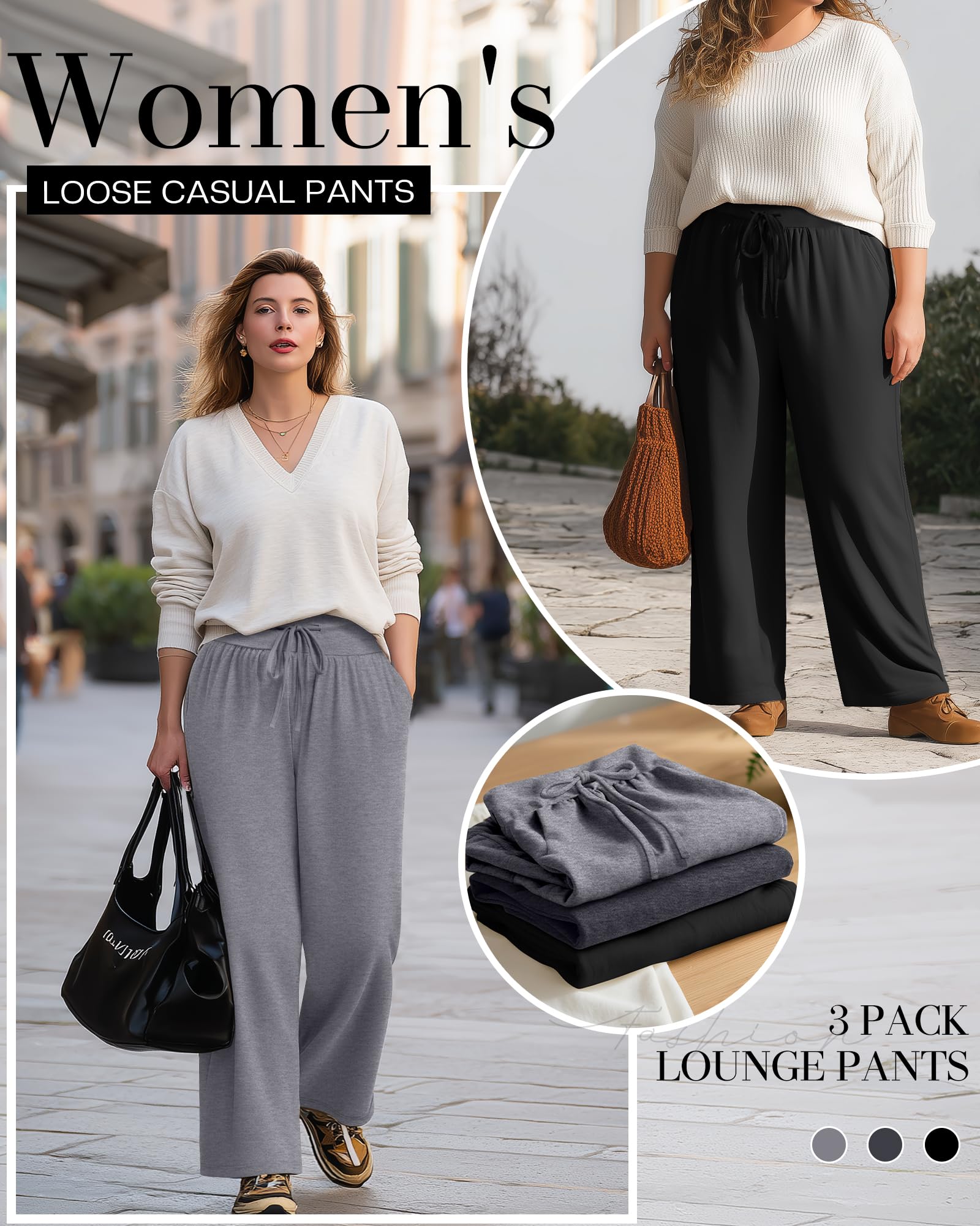 Neer Set da 3 Pantaloni da Lounge Grande Taglia per Donna Pantaloni da Yoga a Gamba Larga Ampi Jogger Casual