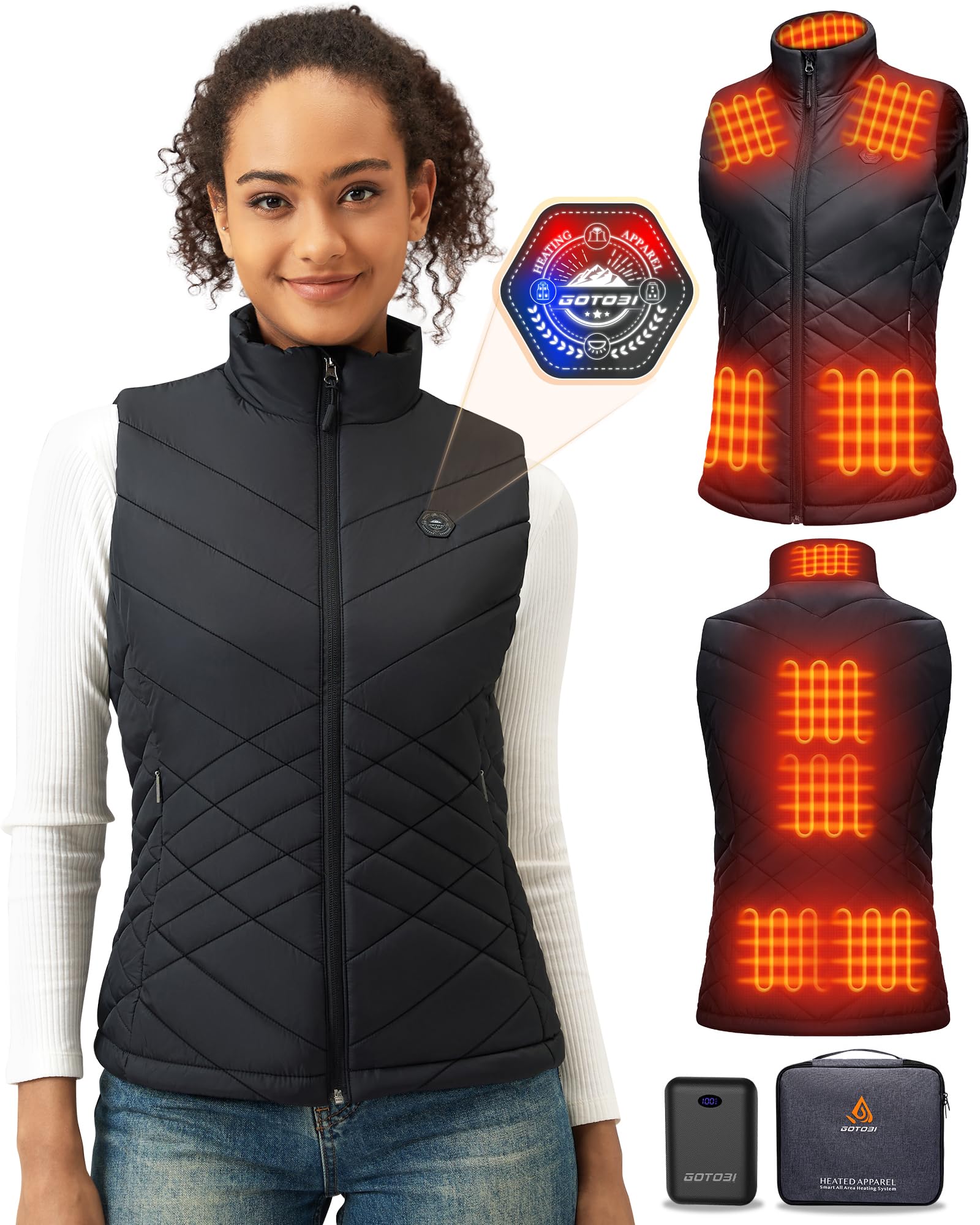 Gilet riscaldabile, da donna, con power bank, 16000 mAh, 7,4 V, 9 zone di riscaldamento, interruttore intelligente 4 in 1, con design di illuminazione, gilet riscaldato, per lavori all'aperto