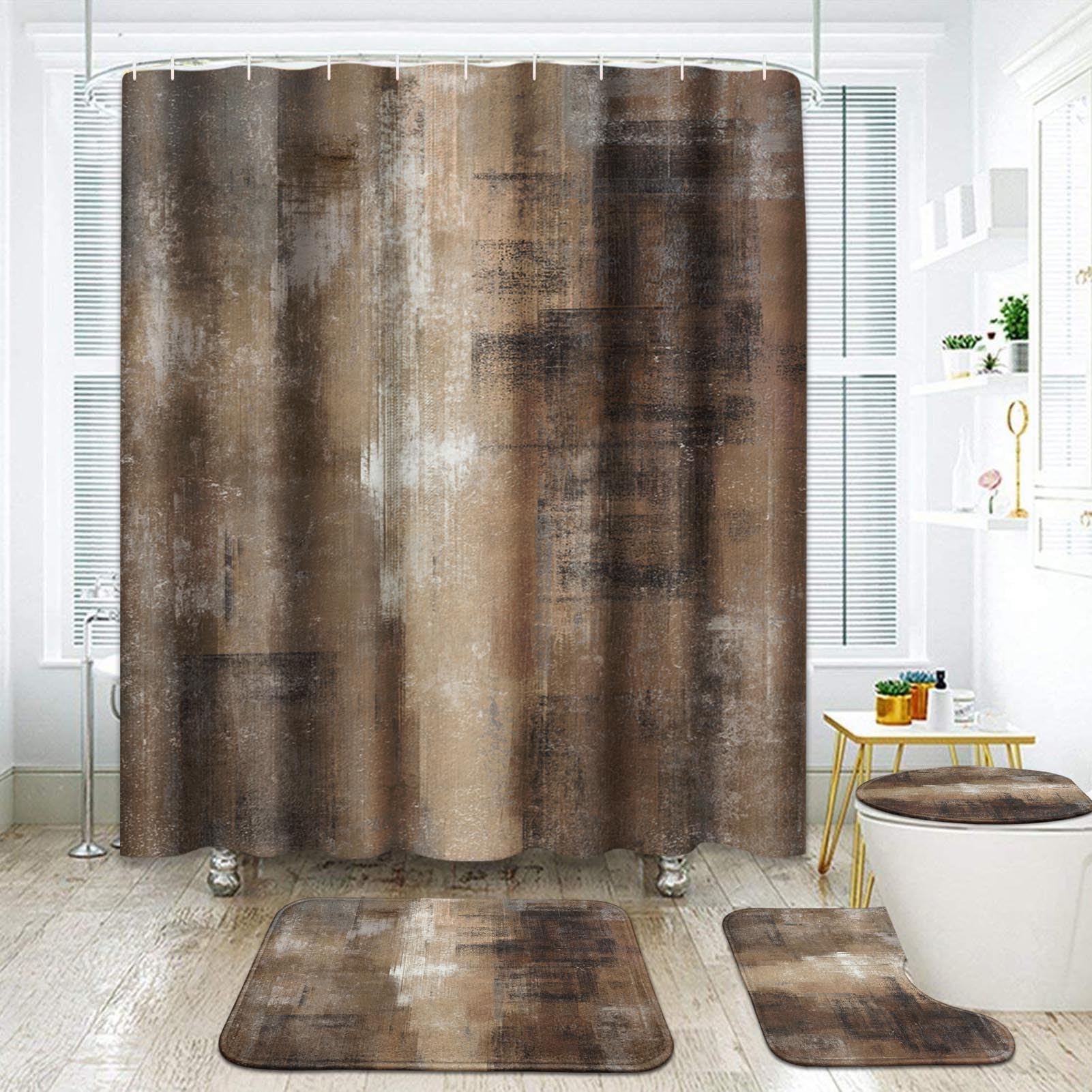 Rideau de douche abstrait marron gris avec ensemble tapis WC