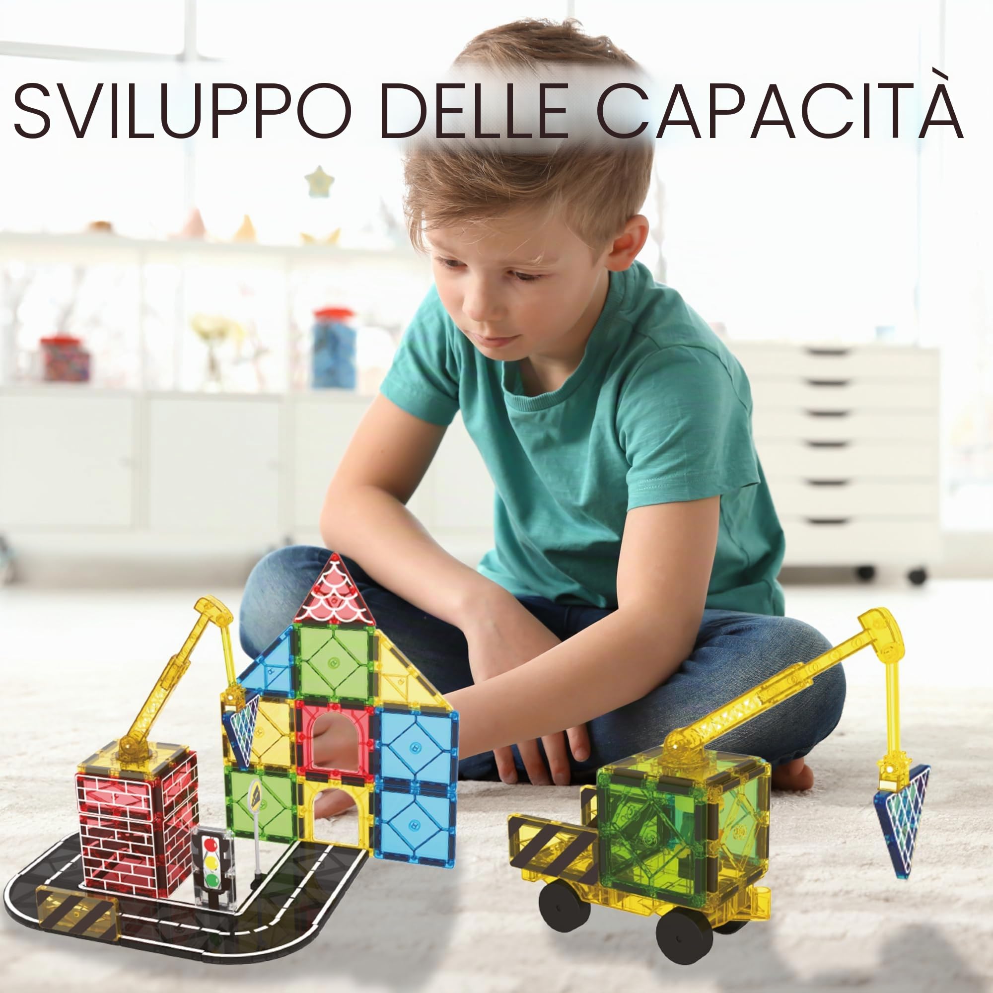 Desire Deluxe Road Magnetic Tiles - Set di Auto Gru Magnetica per Bambini, Giocattolo Educativo STEM Montessori Prescolare per Costruzioni, per Bambini e Bambine dai 3 Anni
