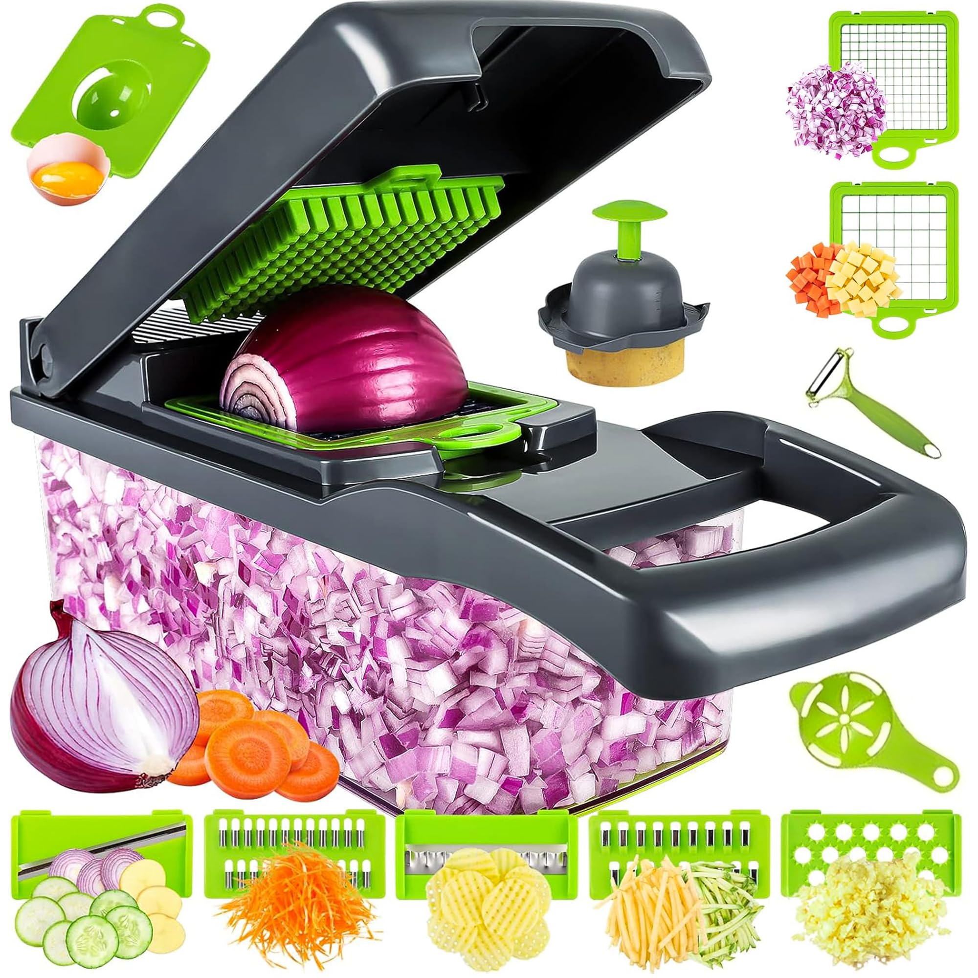 16-in-1 Vegetable Chopper & Mandoline Slicer with Container, Multi Function Food Dicer, Onion Cutter, Salad Chopper