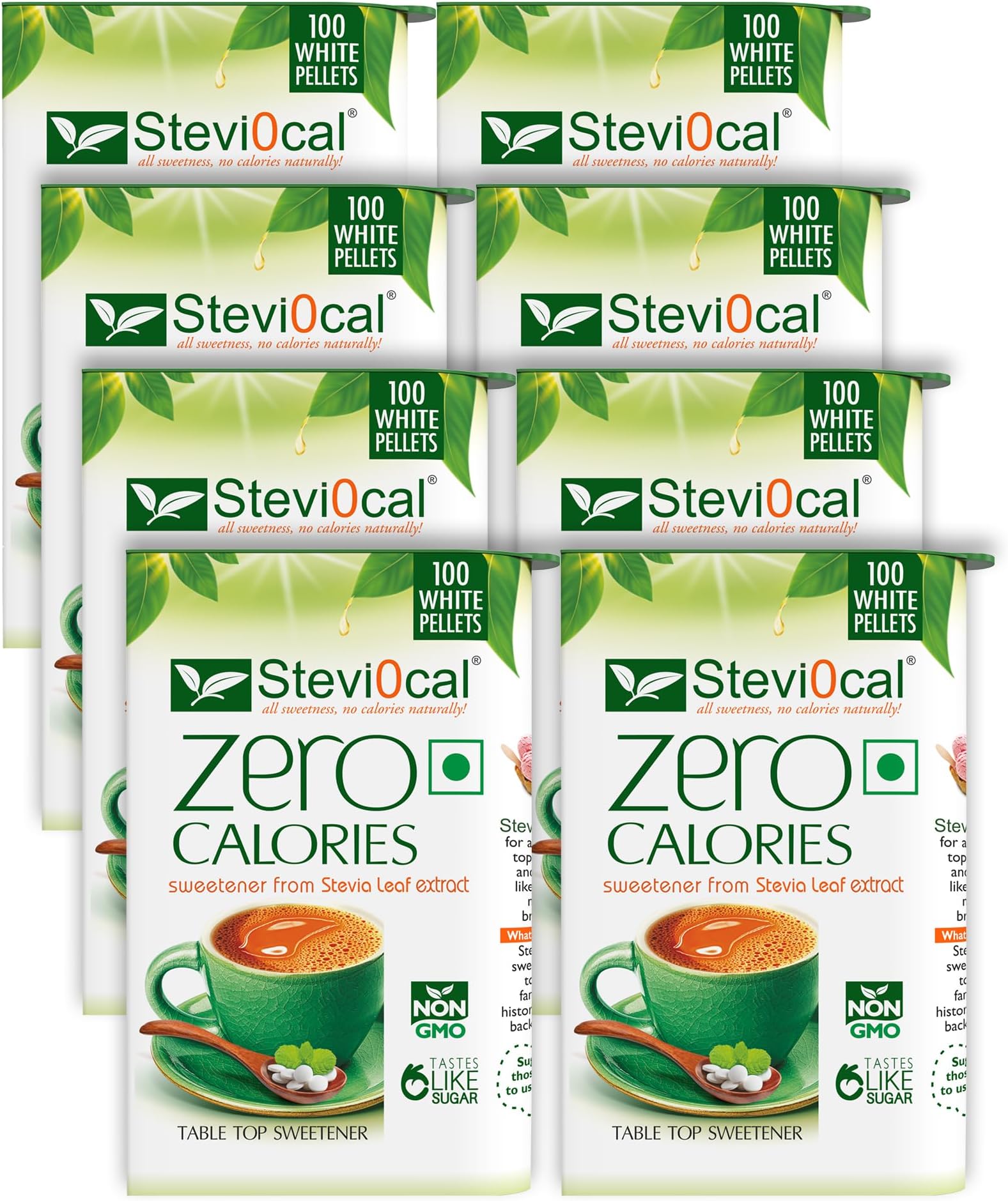 Stevi0cal Stevia Sweetener Tablets | 100% Sugar Free Natural | Zero Calorie for Weight Management, Diet, Diabetic Friendly | 15g,100 Tablets, Dispenser - Pack of Eight (8 x 100 tablets)