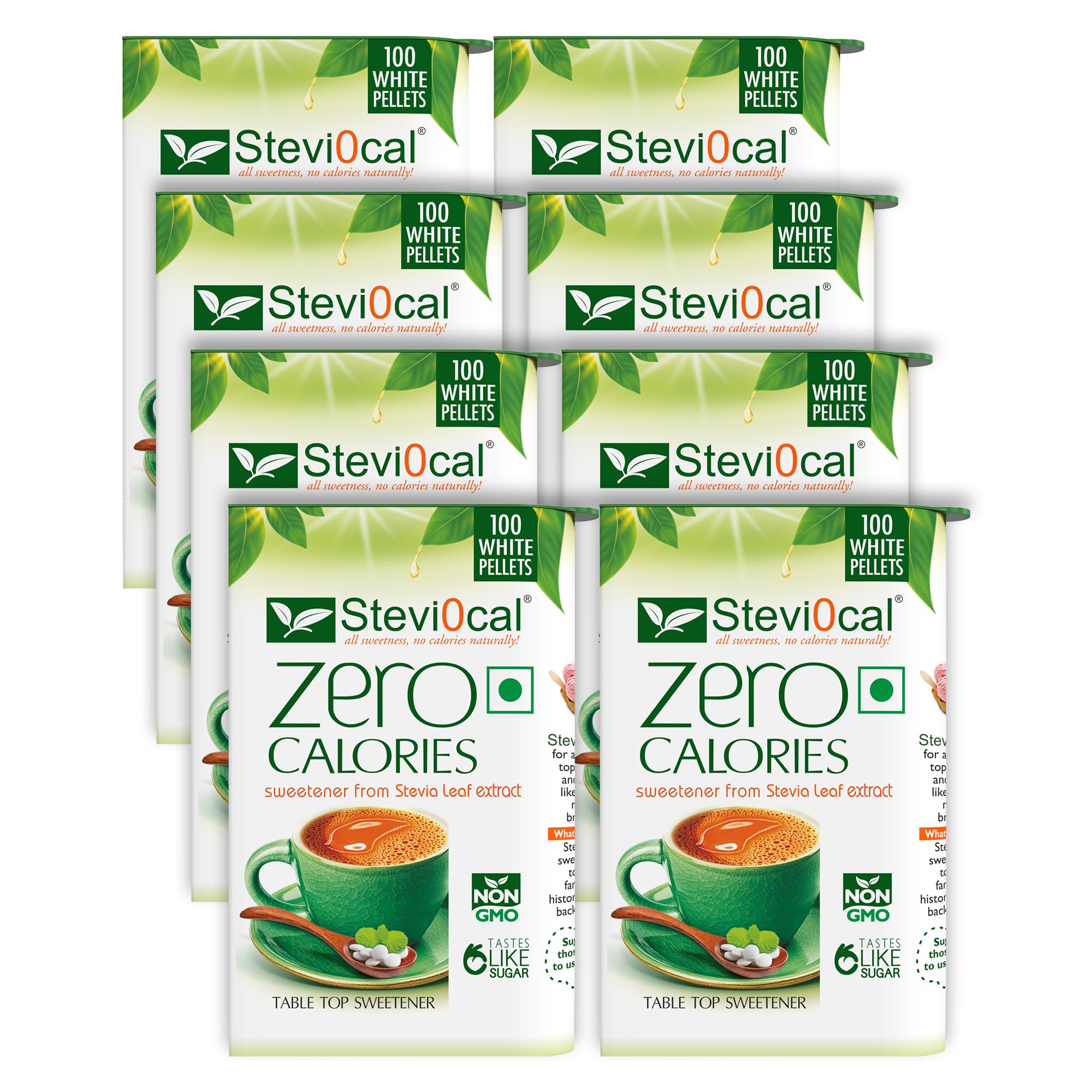 Stevi0cal Stevia Sweetener Tablets | 100% Sugar Free Natural | Zero Calorie for Weight Management, Diet, Diabetic Friendly | 15g,100 Tablets, Dispenser - Pack of Eight (8 x 100 tablets)