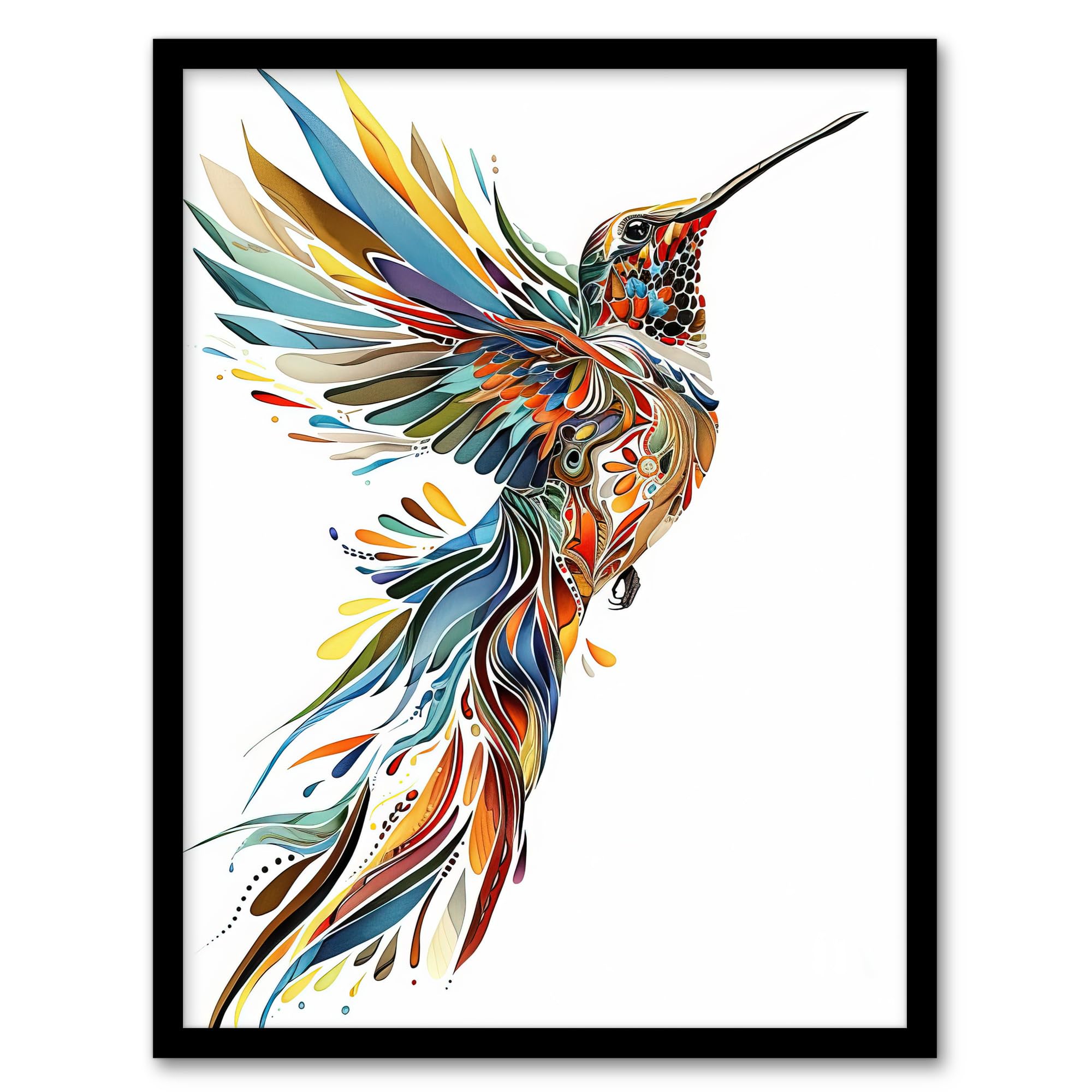 Artery8 Colourful Abstract Sylph Hummingbird Folk Art Living Room Artwork Framed Wall Art Print 18X24 Inch