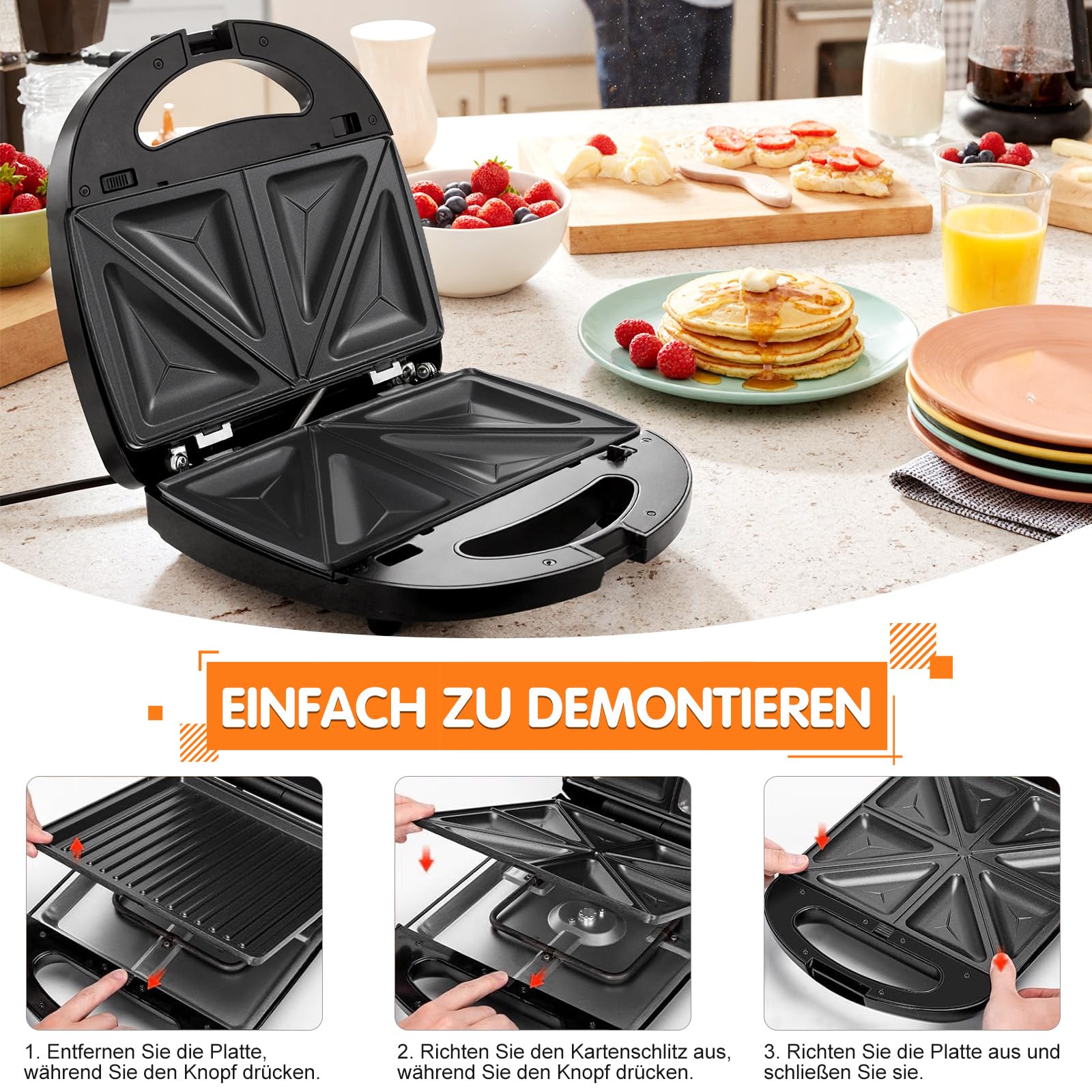 3 IN 1 Frühstücks Sandwichmaker, Elektrisches Waffeleisen | Panini-Grill, Abnehmbare Antihaft-Platten, Für Grillgerichte, Desserts, Waffeln und Sandwiches