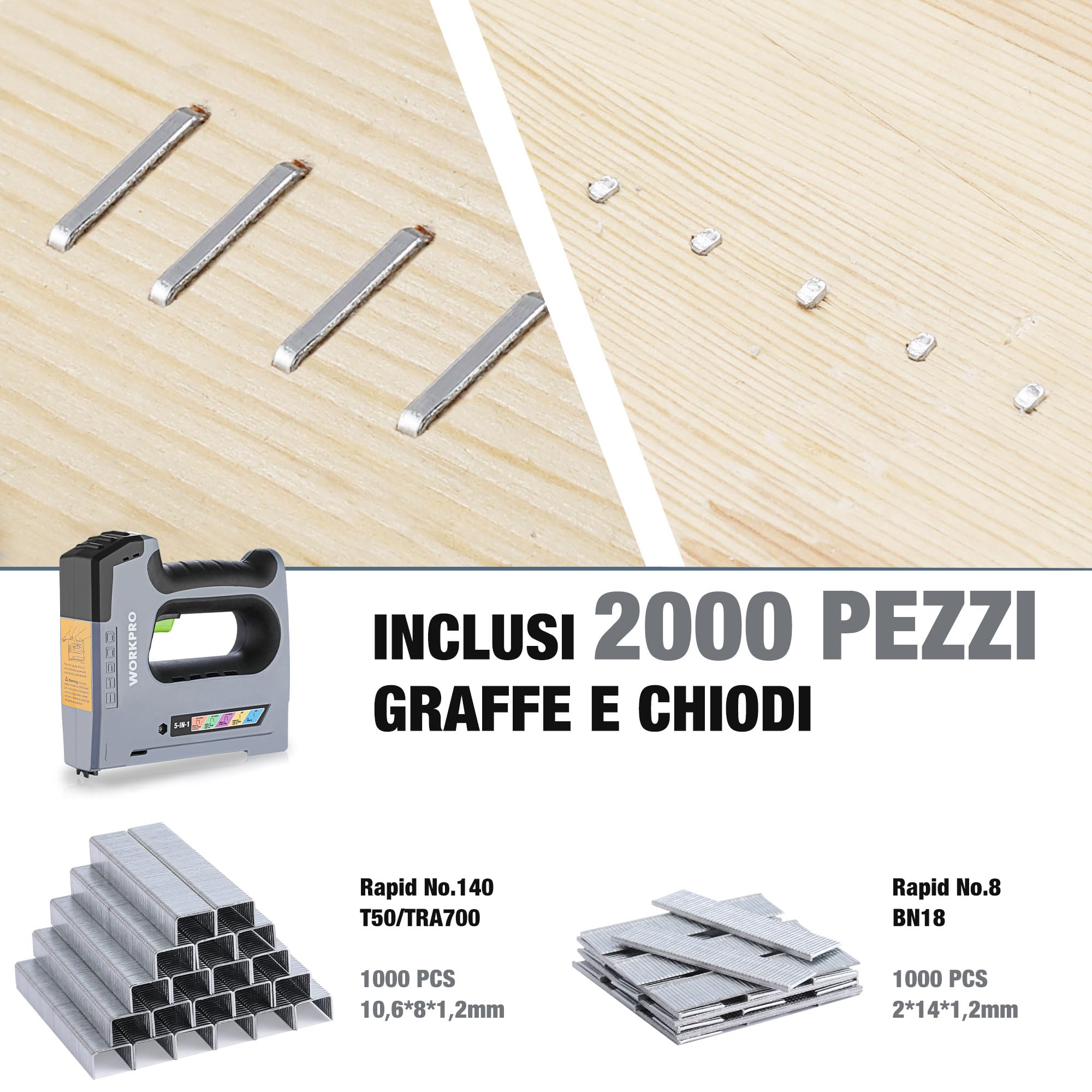 WORKPRO 5-in-1 Graffatrice Elettrica a Batteria 3,6V, Pistola per Graffette con Batteria da 2000mAh per JT21, T50, T20, BN18, PIN, Inclusi 2000 Graffette e Chiodi, Ideale per Decorazioni, Falegnameria