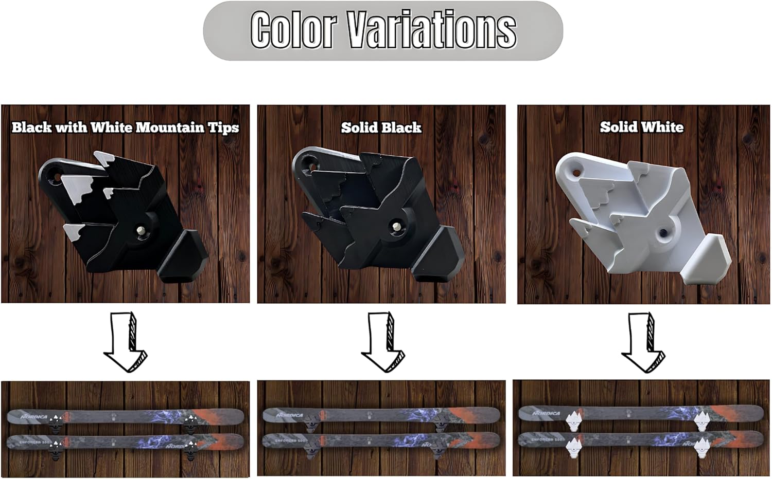 Snow Ski Wall Rack with Hooks – Extra-Wide Mounts for All Skis – Mountain Design (Black & White) – Wall-Mounted Ski Storage, Organizer & Display Decor