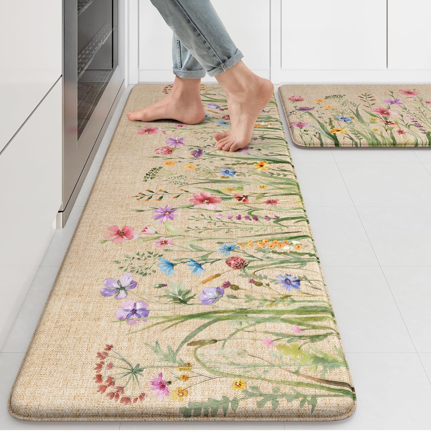 KIMODE Anti Fatigue Kitchen Mat 17x47 17x29 Floral Kitchen Rugs Sets of 2 Farmhouse Kitchen Floor Mats Non-Slip
