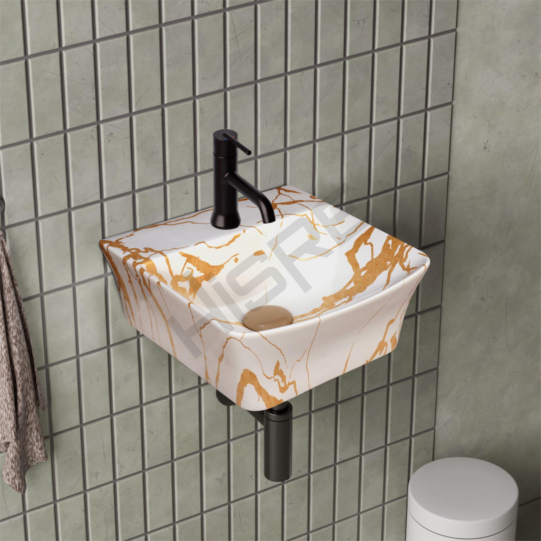 HISRE Wall Mount Wash Basin 13"x13"x5" | White Golden Marble Finish Ceramic Sink | Modern Rectangular Bathroom Basin for Home, Office & Hotels, photo 1 of 5
