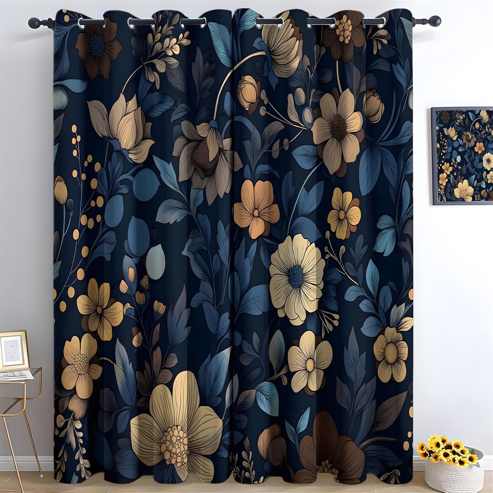 KaiHeBeding Vintage Floral Blackout Curtains for Bedroom - Flowers & Leaves Living Room Curtains 90x108 Eyelet - Soft Thermal Insulated Patterned Drapes for Windows - 2 Panels