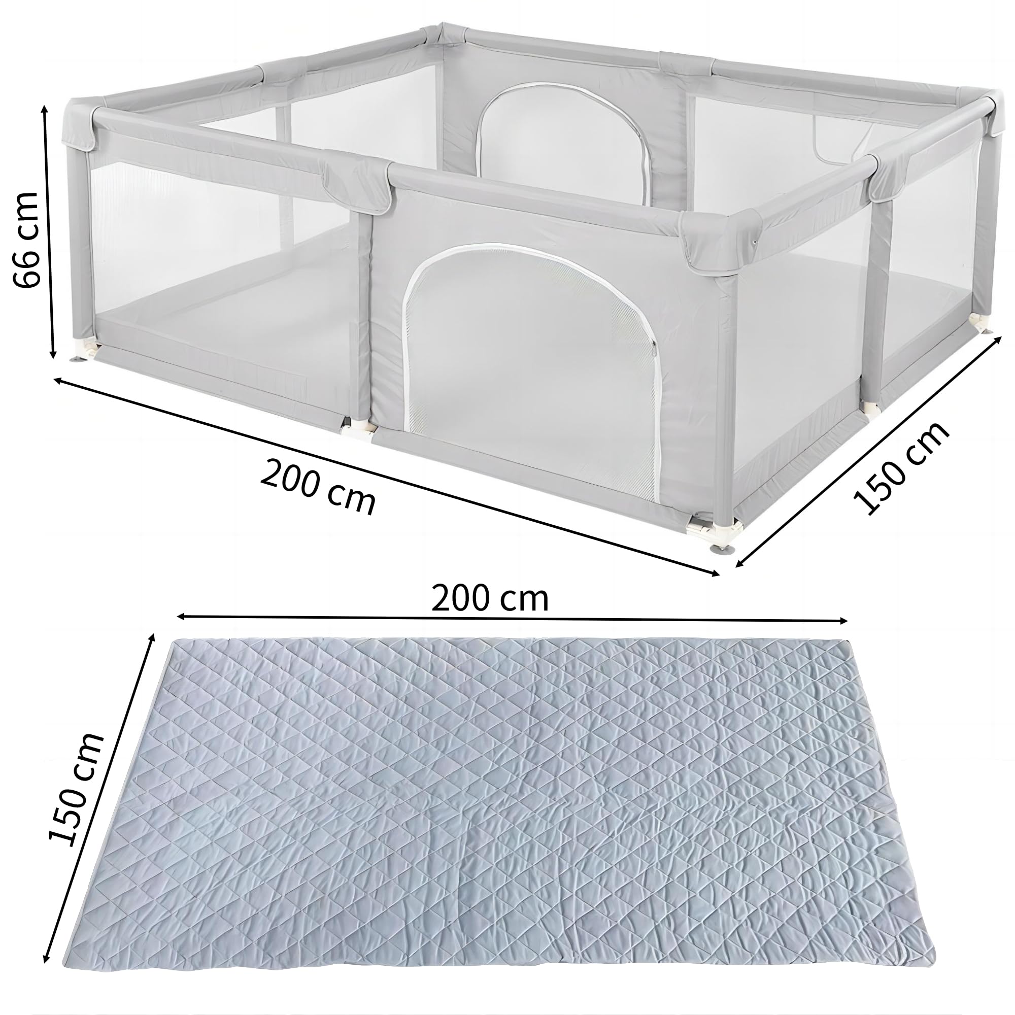Parc Bébé en Tissu Oxford, Parc de Jeux avec Barrières, Sac de Transport, 2 Anneaux de Préhension, 8 Ventouses, Centre d'activités Bébé, pour Intérieur/Extérieur (Gris clair 200 x 150 x 66 cm)