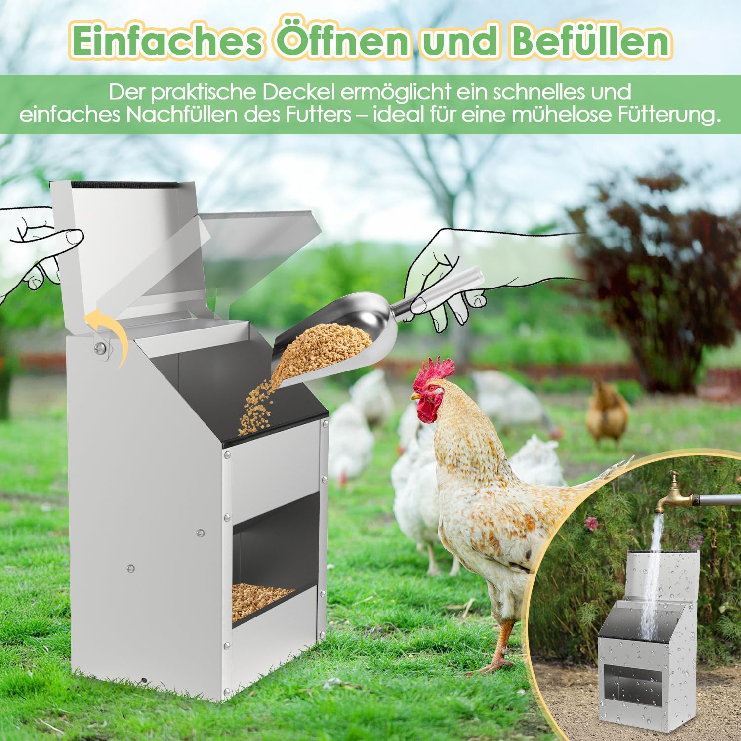 5kg Futterautomat Hühner, verzinkter Stahl, Hühnerfutter Automat rattensicher, wasserfest – Hühner Futterautomat für Stall/Freiland, inkl. Handschuhe, Löffel, Kratzschutzstreifen