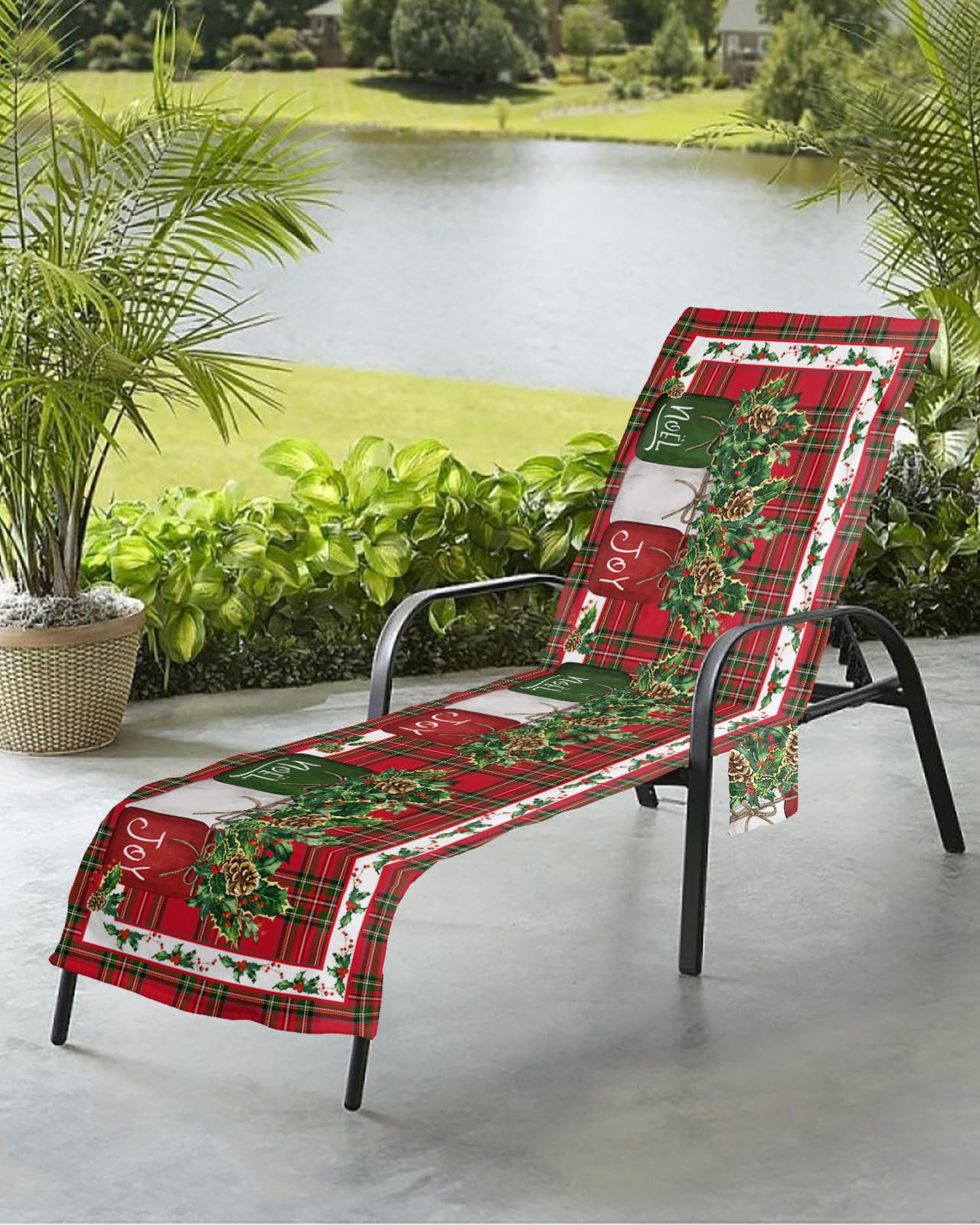 Christmas Lattice Beach Chair Towel Covers for Chaise Lounge With Side Pocket, Soft Plush Pool Towels Cover for Patio Sunbathing Outdoor 29''x85'' Red Buffalo Winter Green Berry