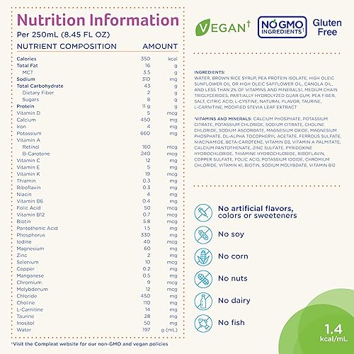 Miniatura 8 de Compleat Pediatric Standard 1.4 Batido nutricional de vainilla a base de plantas, 0.23 onzas de proteína, 27 vitaminas y minerales, fórmula vegana