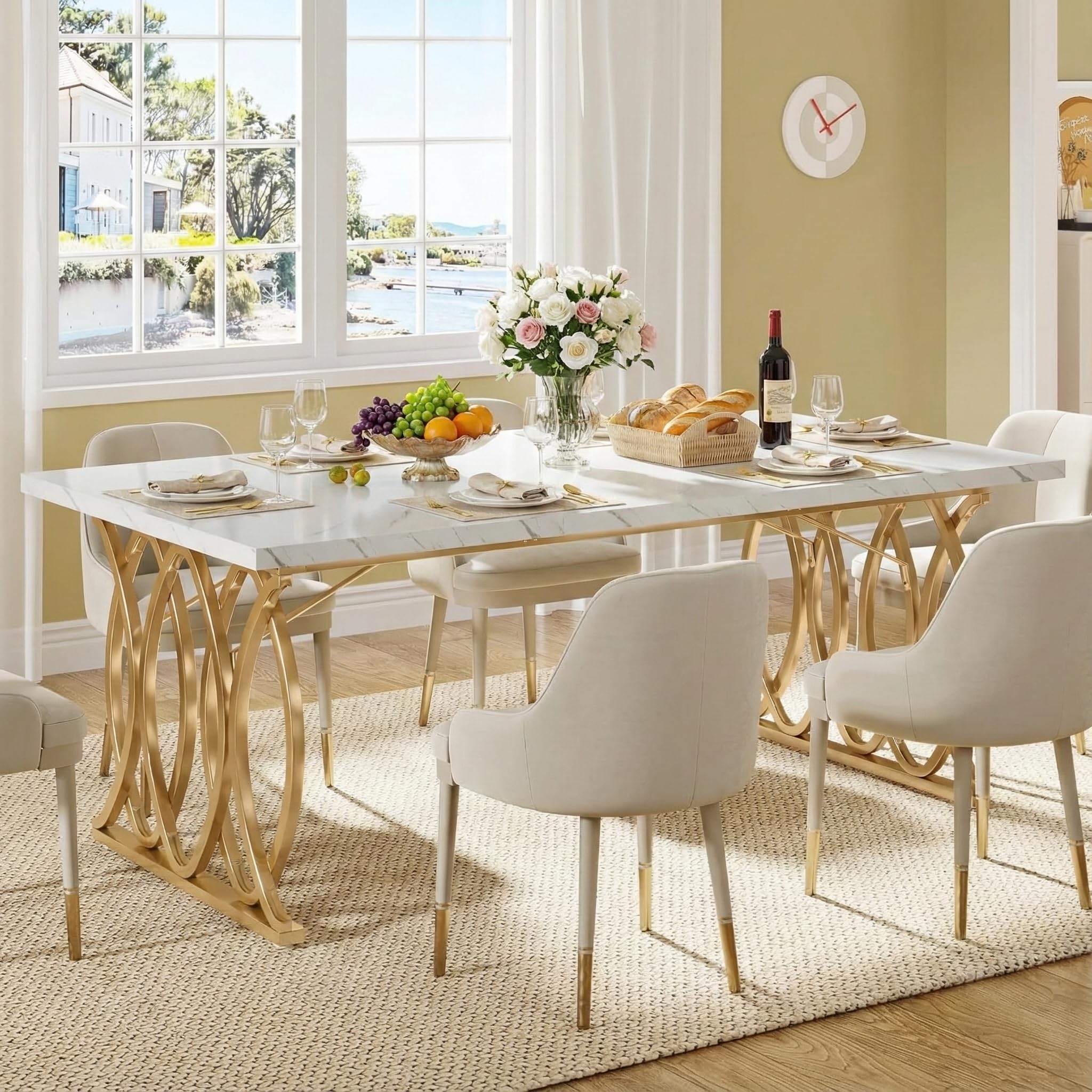 Lailang 160cm Tavolo da Pranzo, Mobili Soggiorno, Angolo Caffe Cucina, Tavolo Effetto Marmo, Tavolo Ufficio Riunioni, 160 x 80 x 75 cm, Bianco e Oro