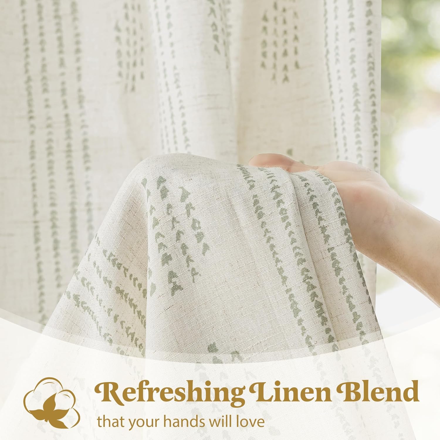 Boho Linen Curtains for Bedroom Living Room Sage Green Farmhouse Boho Curtains 84 Inches Long Geometric Striped Patterned Mudcloth Grommet Top Rustic Window Drapes 2 Panels Green on Beige