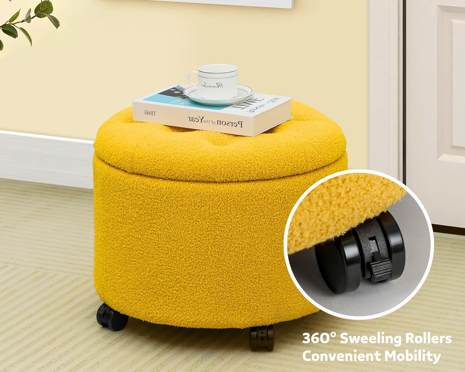 Adeco Cozy Teddy Fleece Round Storage Ottoman, 16" H Button Tufted Footstool with Rolling Wheels, Comfy Accent Foot Rest for Living Room, Bedroom, Vanity - Yellow