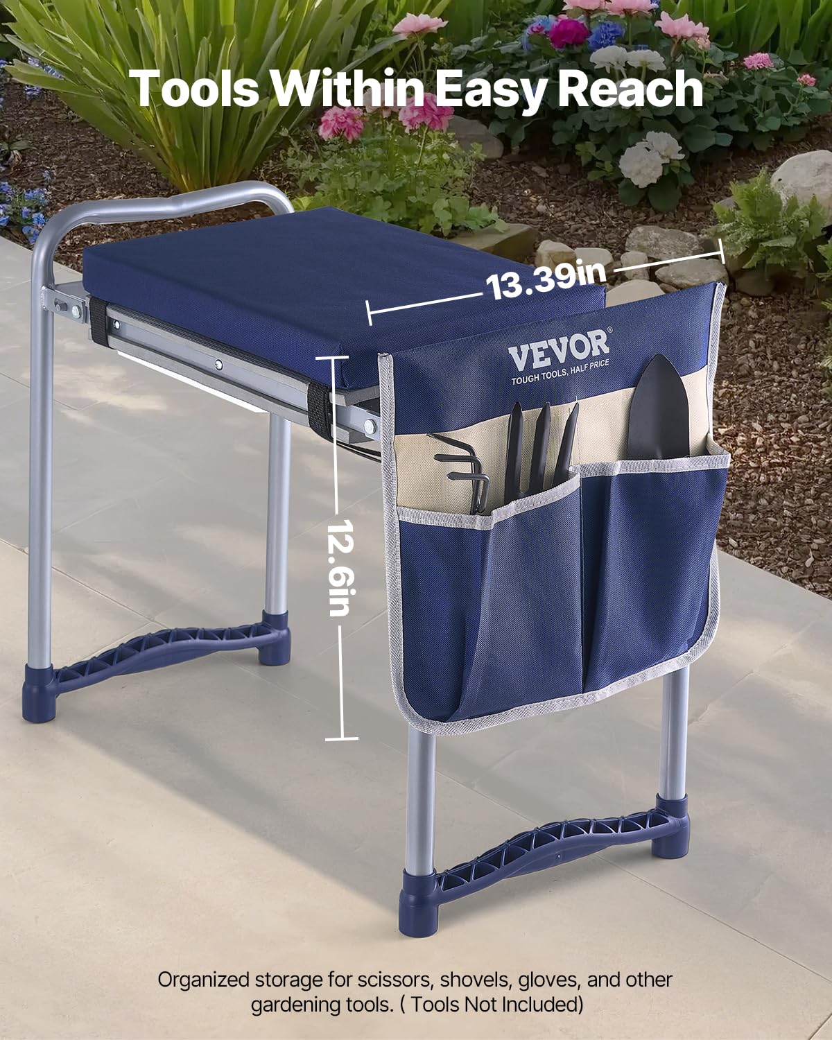 VEVOR Agenouilloir de Jardinage, Coussin Large 28 cm, Tabouret de Jardinage, Capacité 163 kg, Banc de Jardin Pliable, Siège Polyvalent avec Sac à Outils pour Jardin, Grands-Parents, Personnes Âgées