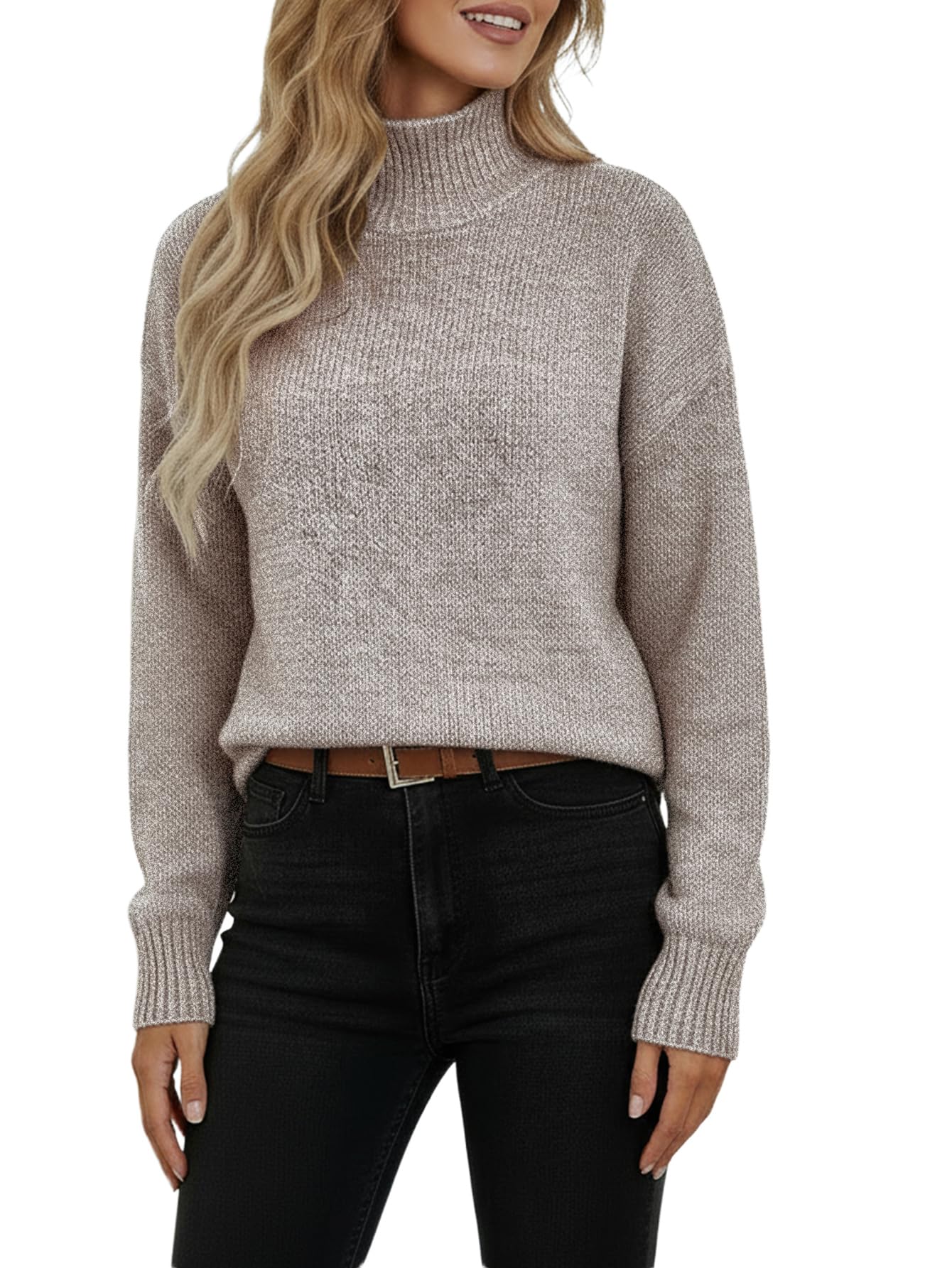Womens High Neck Sweater Dressy Casual Long Sleeve Loose Knit Work Office Pullover Tops