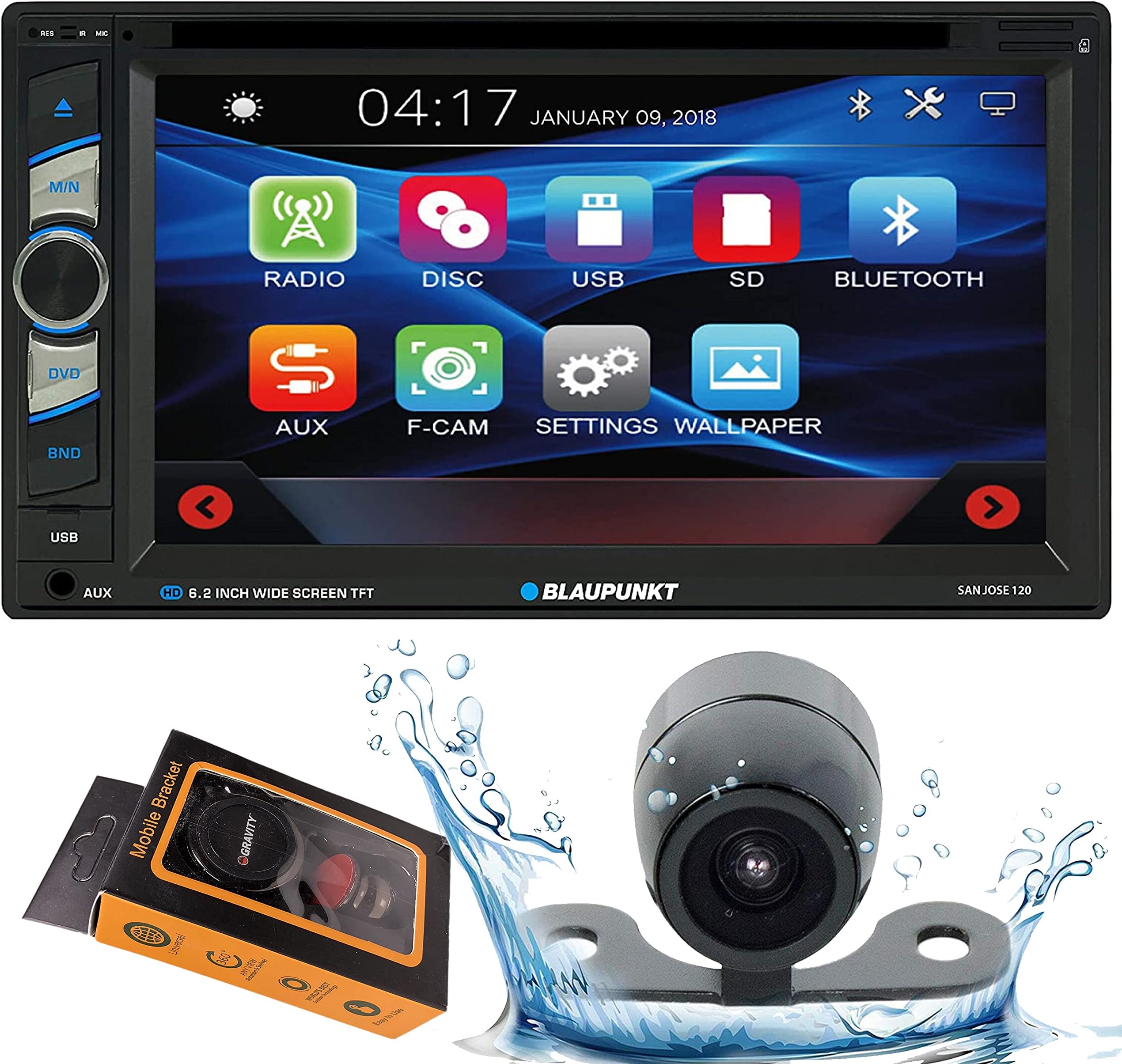 BLAUPUNKT Sanjose 120 6.2-Inch Touch Screen DVD Multimedia Car Stereo Receiver with Bluetooth, USB, SD Card and Aux, Backup CAM + Gravity Magnet Phone Holder