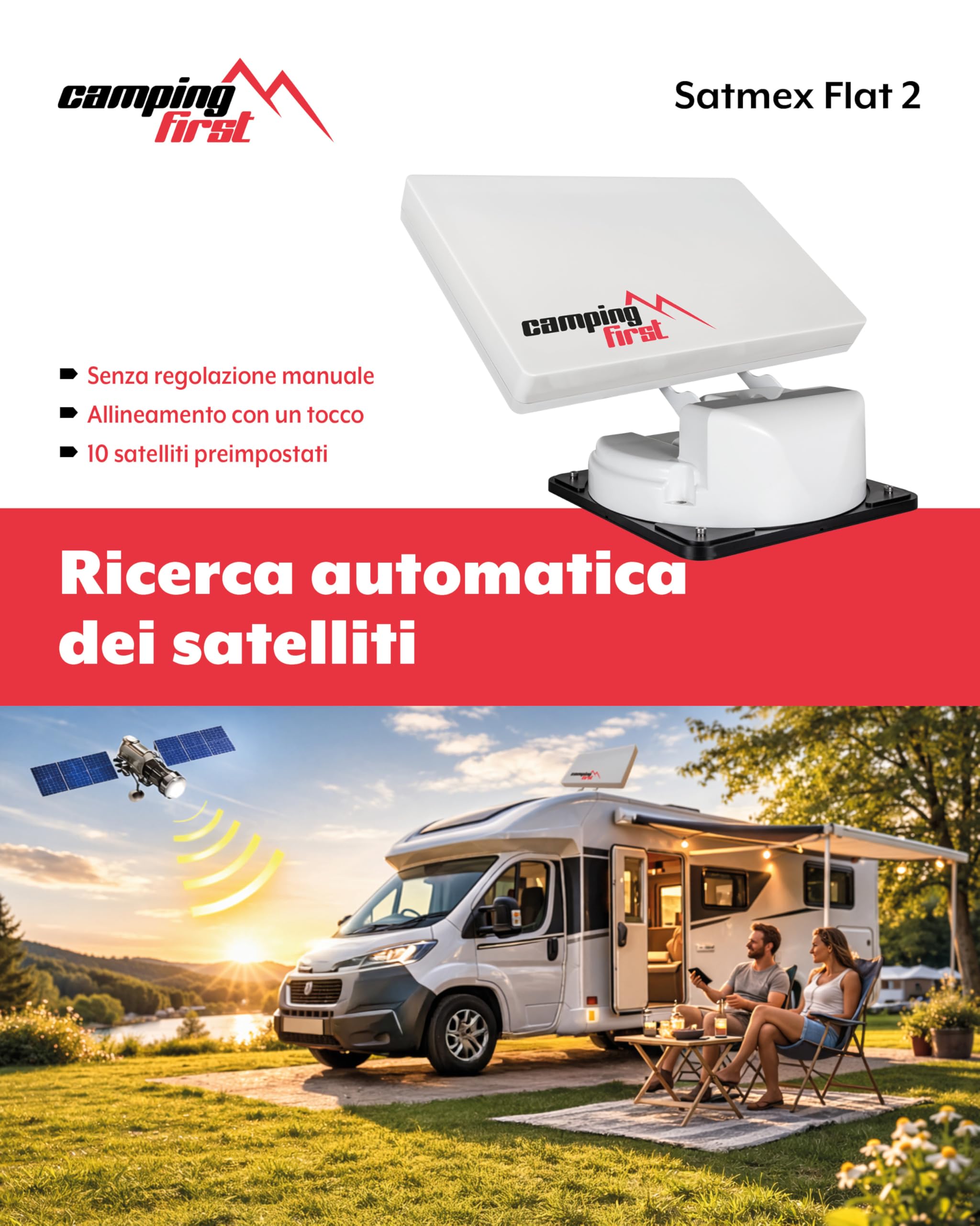 Satmex Flat 2 – Antenna satellitare automatica per camper e caravan (per 2 TV/ricevitori, con funzione skew) – Bianco