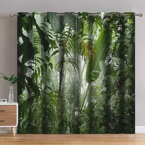 Jekeno Tropical Rainforest Plant Blackout Curtains Nature Wood Decor Home Bedroom Living Room Darkening Grommet Window Drapes 2 Panel Set, 42"x54"