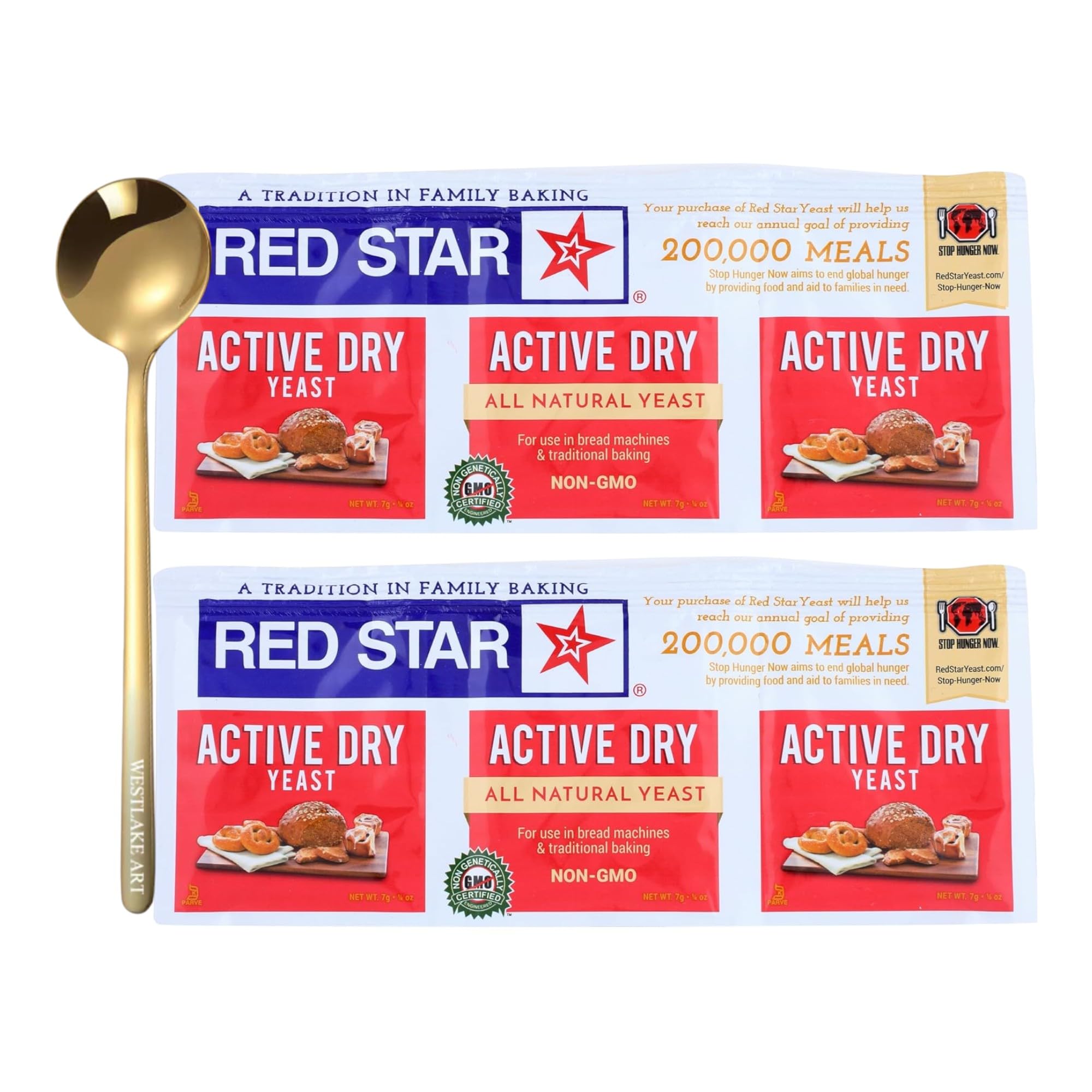 Westlake art Red Star Active Yeast For Baking Bread, 3 Count - Active Dry Yeast Powder For Rolls, Pizza Dough | Bundled With Golden Ss Spoon - Easy To Use - Active Yeast For Bread (Pack of 2)