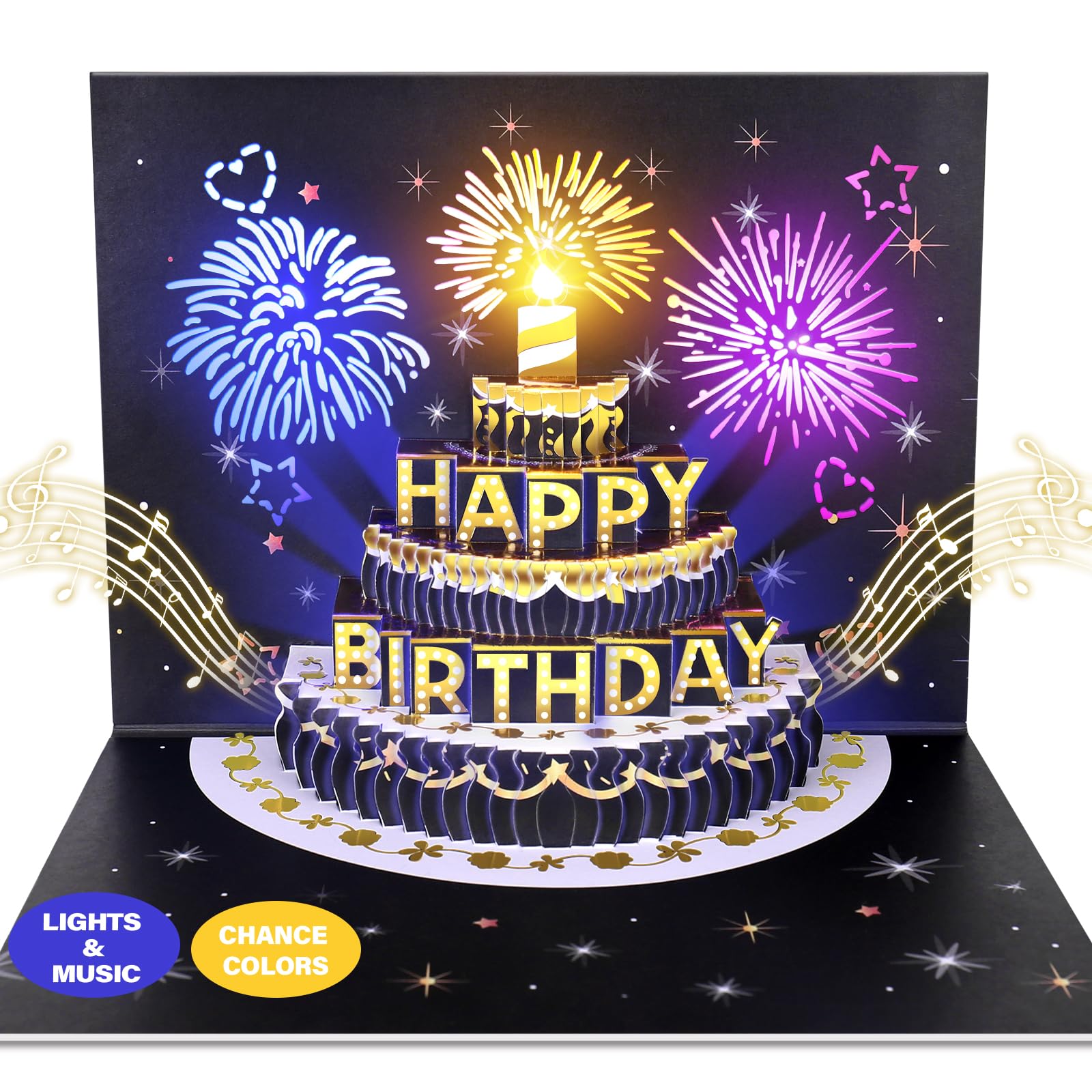 Birthday Cards, Pop-up MUSIC & LIGHTS Fireworks Birthday Greeting Cards, Birthday Gifts for Women Men Husband Wife Sister Friends Kids-Black Gold