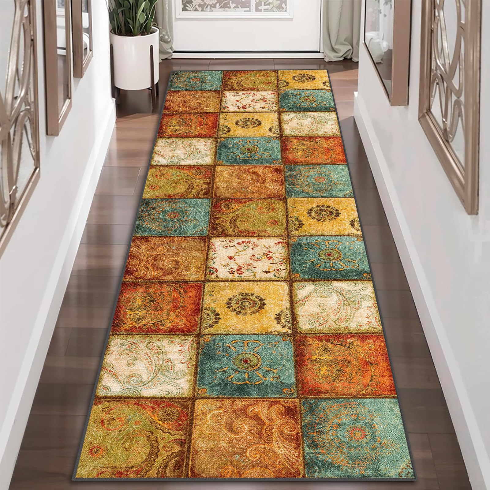Teppich Läufer rutschfest Küchenteppich 120 x 450 cm Lang Korridor Teppich Vintage Eingangsbereich Läufer Teppich Meterware Teppichläufer Flur waschbar fußmatte für Wohnzimmer Eingang Schlafzimmer