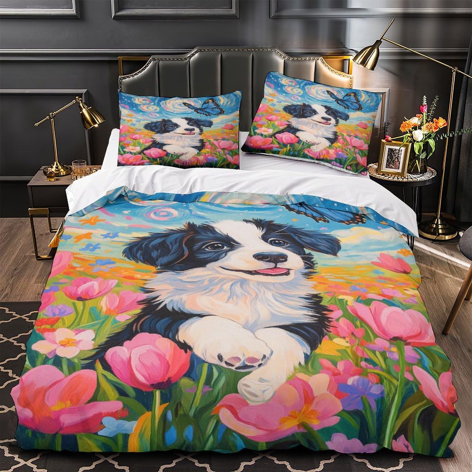 Housse de couette chiot mignon 3d 140x200cm en microfibre avec 2 taies