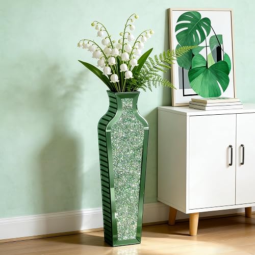 SHYFOY Green Crushed Diamond Floor Vase, Large Mirrored Tall Vases for Floor, Modern Glass Decorative Vases for Living Room Bedroom Home Corner Indoor Office, 26.8" Tall