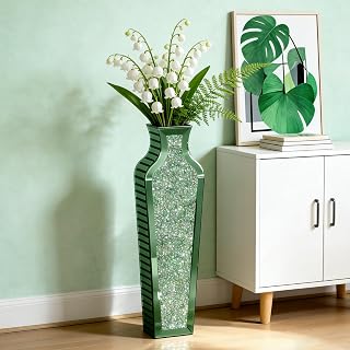 SHYFOY Green Crushed Diamond Floor Vase, Large Mirrored Tall Vases for Floor, Modern Glass Decorative Vases for Living Room Bedroom Home Corner Indoor Office, 26.8" Tall