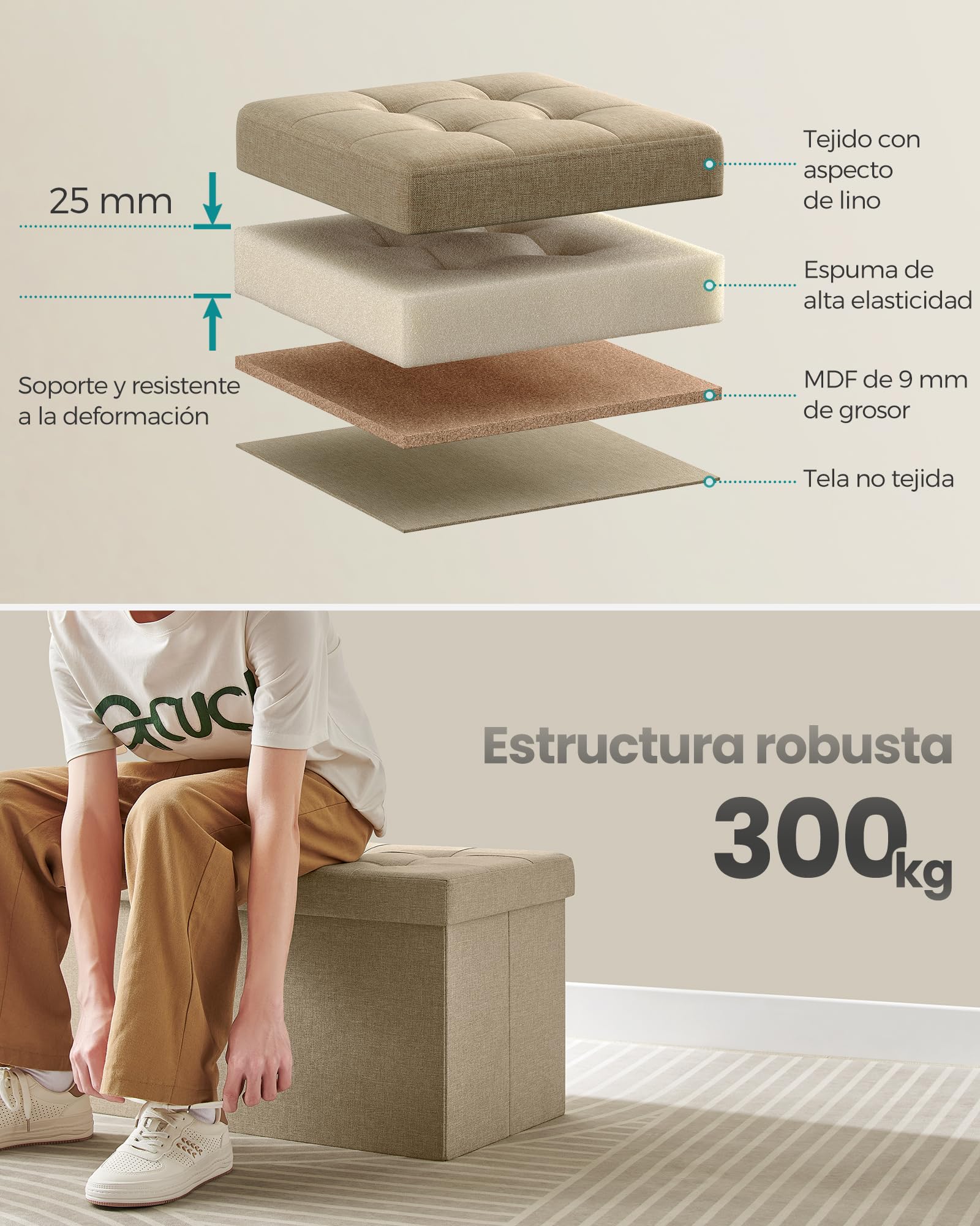 SONGMICS Puff Almancenaje, Banco Almacenaje Plegble, 38 x 76 x 38, Tapa Abatible, Taburete con Reposapiés, Carga de 300 kg, para Entrada Sala de Estar, Dormitorio, Marrón Camello LSF046K01
