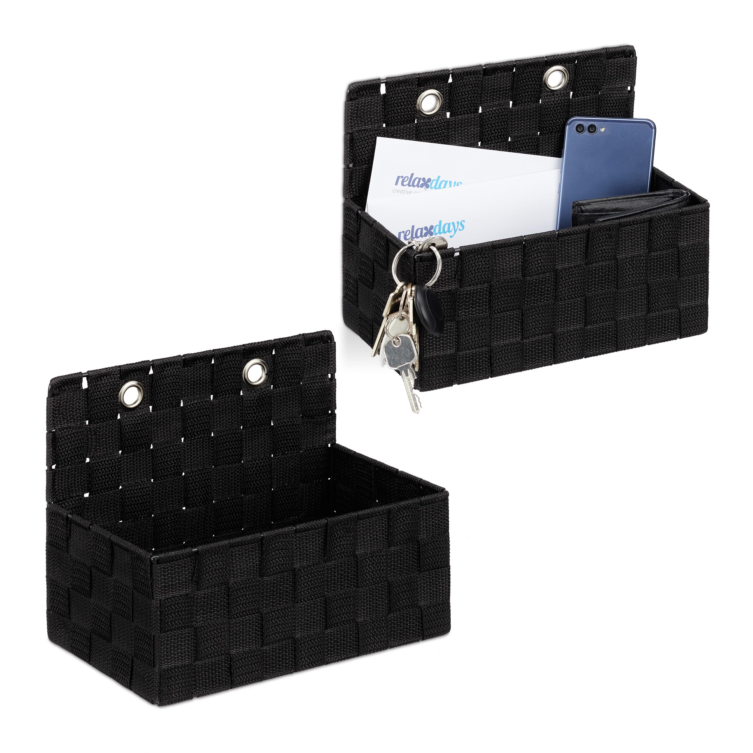 Relaxdays Cestino Portaoggetti da Appendere, 2 Organizer per Bagno, Corridoio, Camera da Letto, 20x25x16,​5 cm, Nero