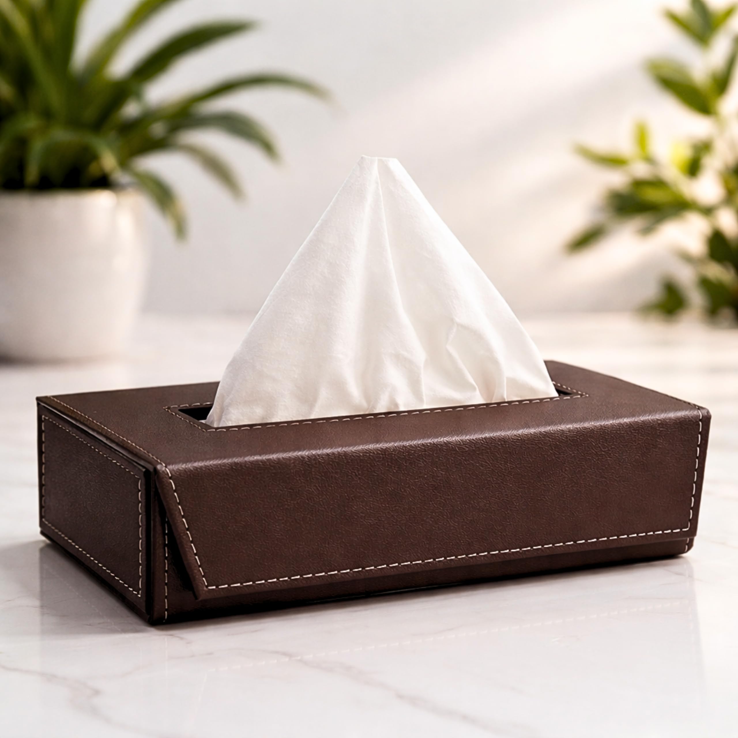 Tissue Box Holder - Tissue Holder - Car Tissue Box Holder - Tissue Dispenser for Bathroom - Leather Tissue Box Cover for Home - Napkin Box (Complementary- 2 Ply 100 Pulls Facial Tissue) (Brown)-image-8