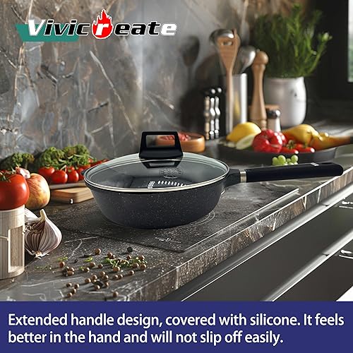 Miniatura 4 de vivicreate Sartén para saltear con tapa, 9.4 pulgadas, revestimiento antiadherente de mármol, adecuada para gas eléctrico y de inducción, sartenes