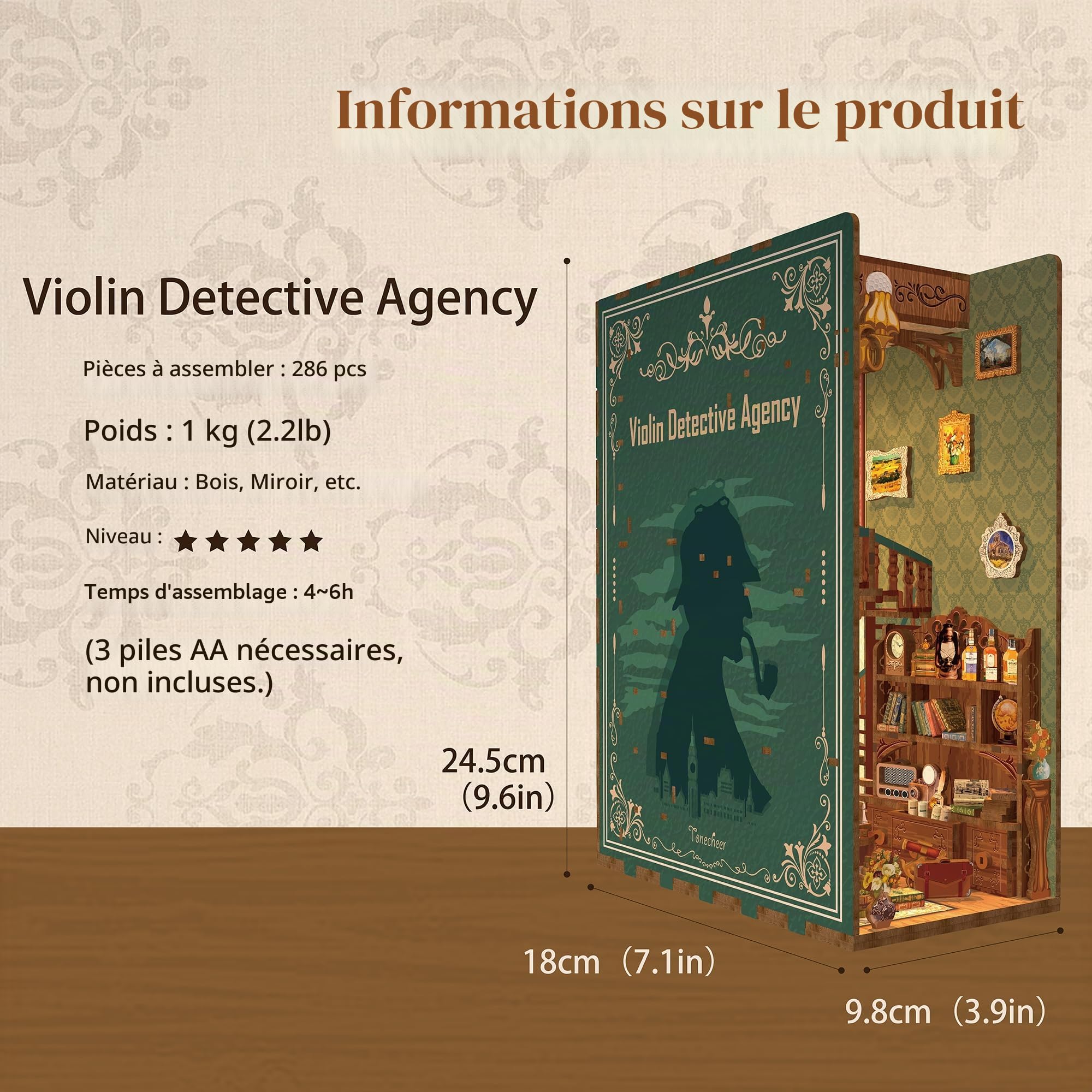 Tonecheer Book Nook avec Lumière LED Kit Maisons de Poupées DIY Maison Miniature Puzzle en Bois 3D pour Adultes Bibliothèque Décoration Cadeau d'anniversaire（Agence de détective de Violon