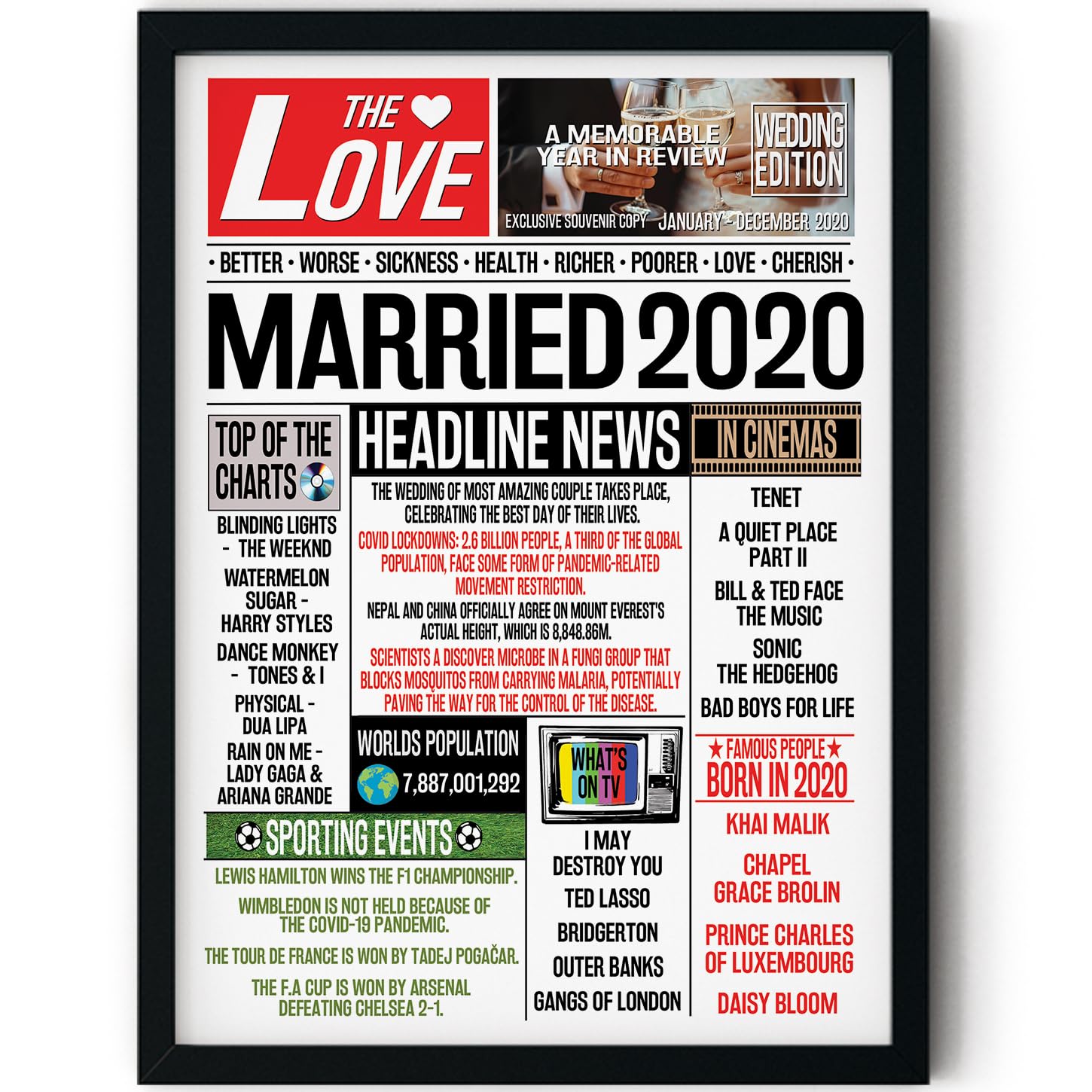 Stuff4 Men's 2020 6Th Anniversary Poster Framed - Married In Newspaper - Happy 6Th Wedding Anniversary For Wo Vintage Retro Back In 8X10 Inch Anniversaries Posters