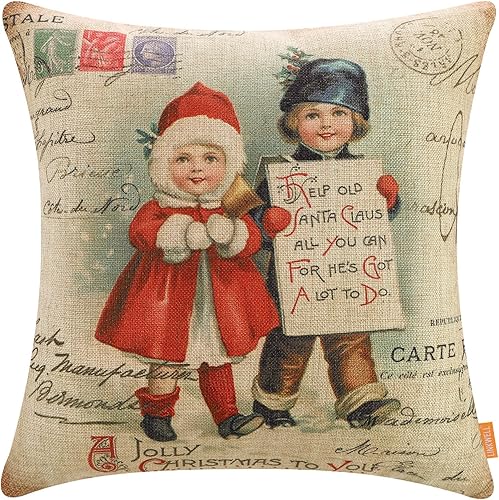 Funda de almohada rústica de Navidad de 18 x 18 pulgadas para sofá, decoración retro de vacaciones, decoración de casa de campo de Navidad para