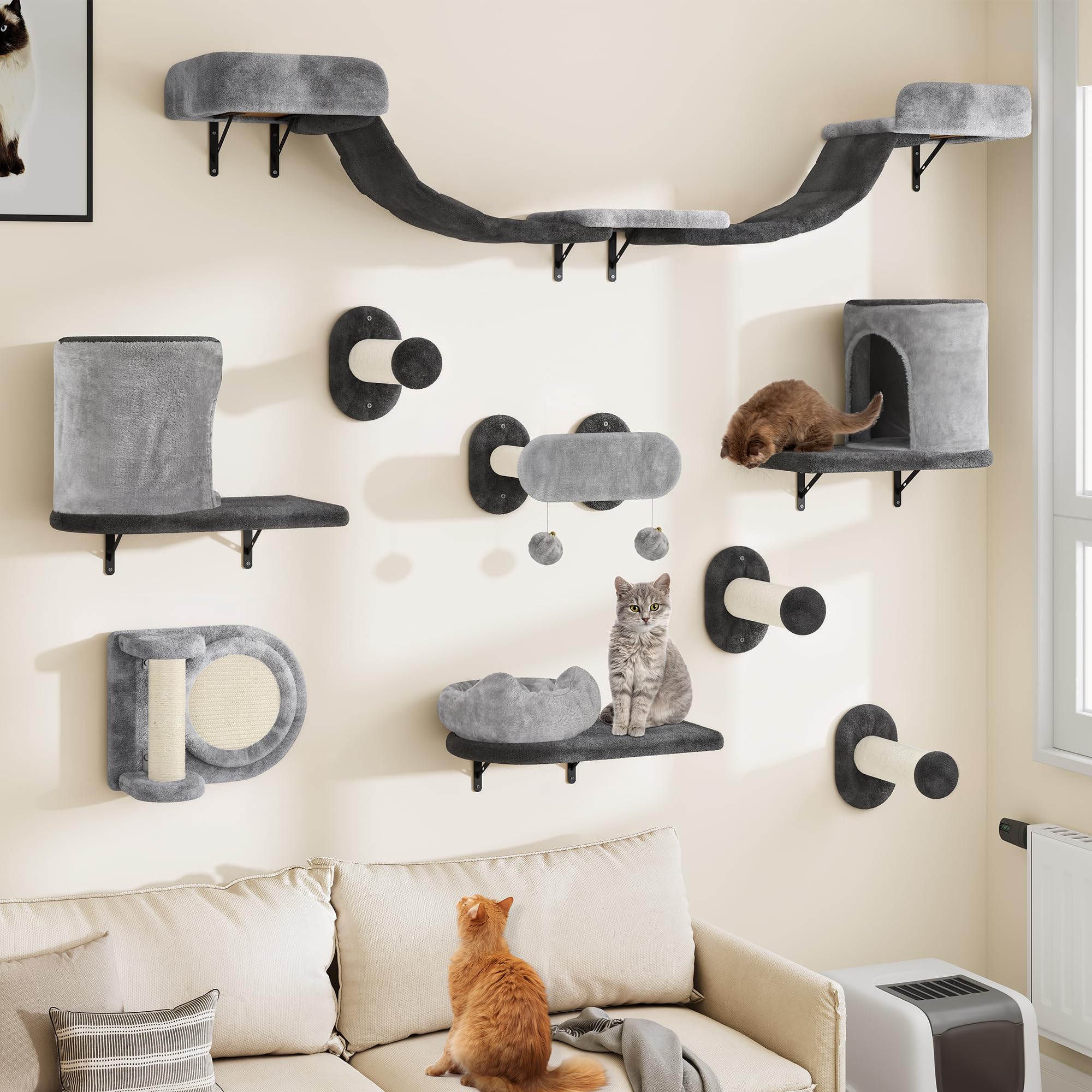 YITAHOME 11-Teiliges Stabiler Kletterwand Katzen Set aus Flanell, Katzenmöbel mit Katzenhaus, Katzenkratzbrett, Katzenhängebrücke, Katzenbett, Sisalsäule für Katze Schlafen Spielen Lounging